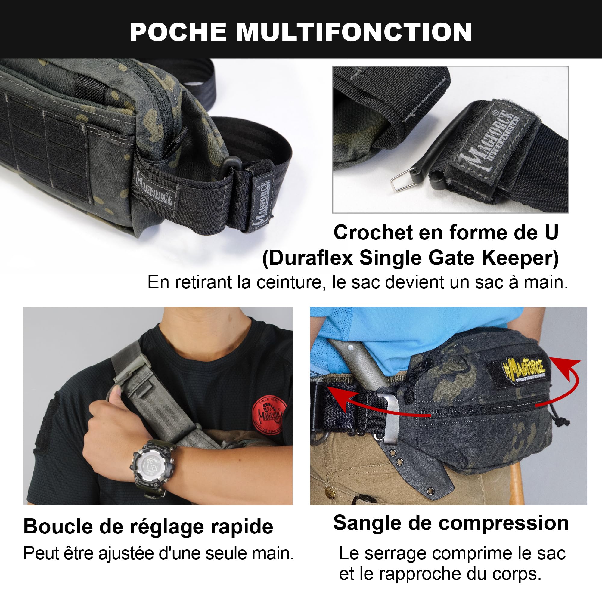 Magforce Sac Banane Tactique City Traveler pour Homme – Voyage et randonnée, léger, Grande capacité, Multiples Poches, Pochette Multifonction en Nylon avec Fermeture éclair, Camouflage Noir, Taille S