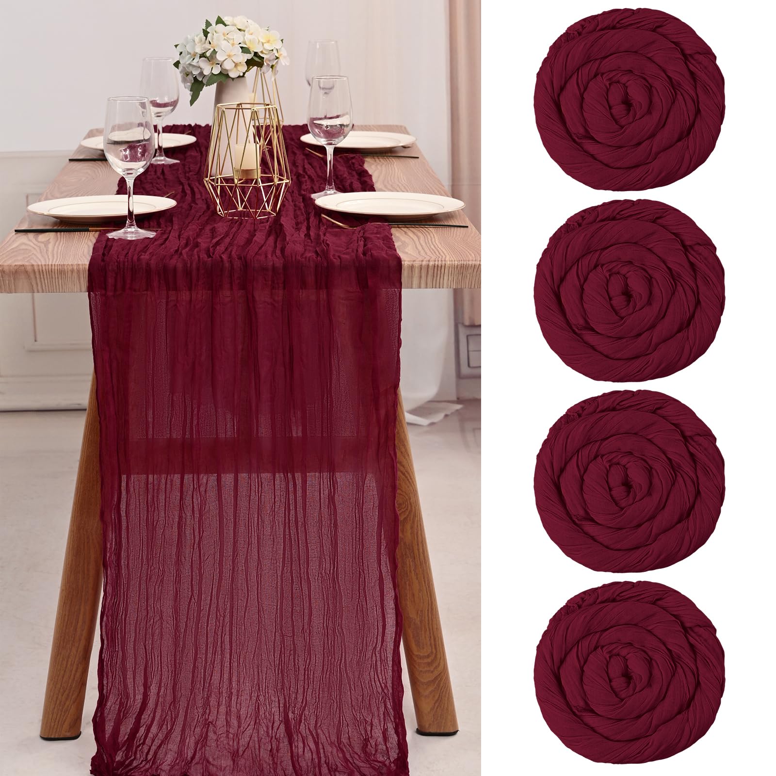 Teruntrue 4 Pack Burgundy Cheesecloth Table Runners – 10ft Semi-Sheer Gauze Rustic Decor For Weddings, Parties, Kitchen