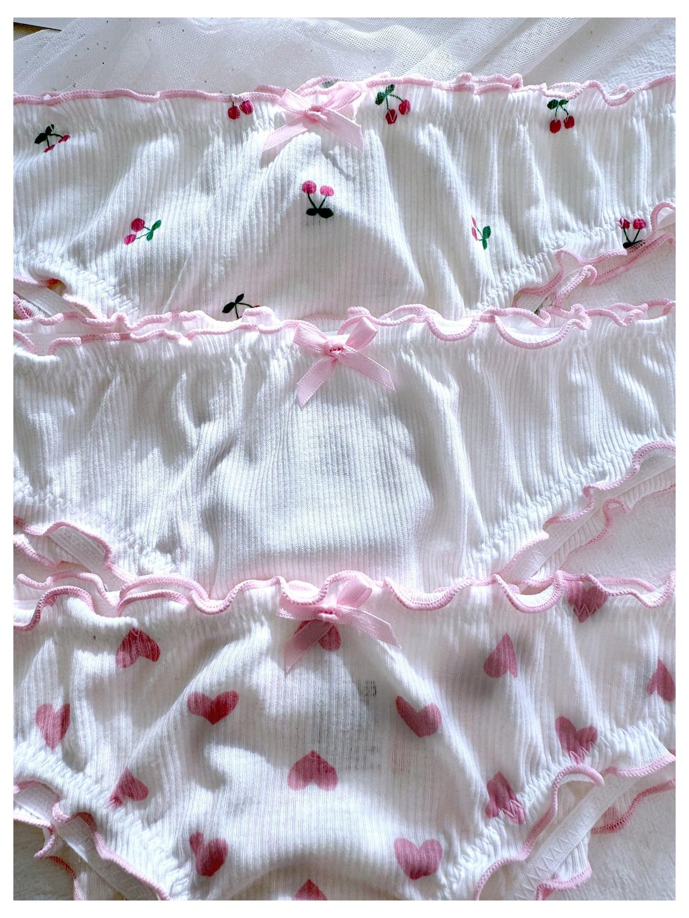 SHENHE Women's 3 Packs Frilly Panties Vintage Style Heart Print Mid Rise Ruffle Cute Panties Underwear