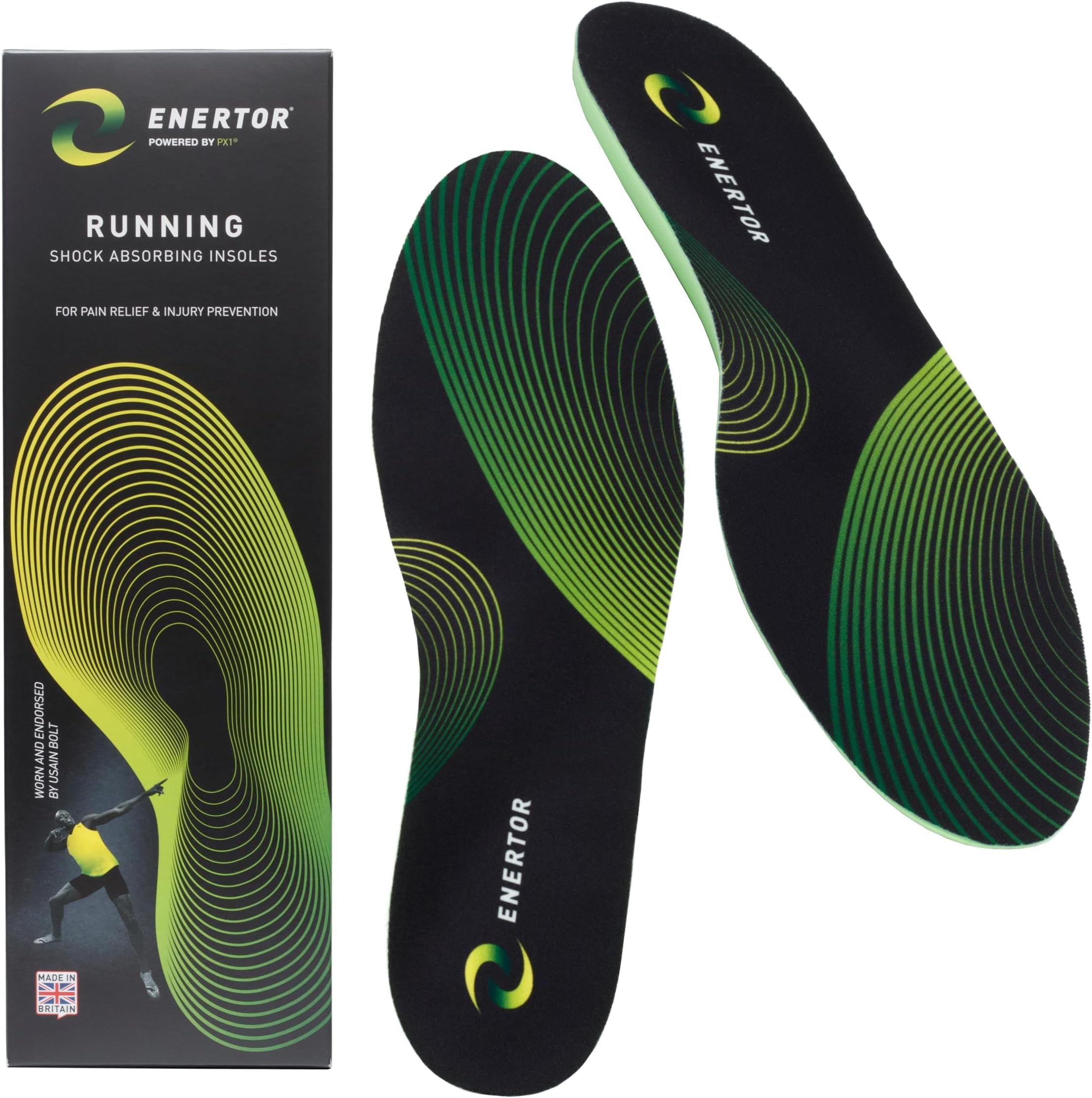 Enertor PX1 Running Insoles - Sports & Running - Full Length Orthotics, Shock Absorbing Technology - Foot & Heel Pain Relief - for Plantar Fasciitis, Achilles Tendonitis, Arch Support, US Mens 8-9