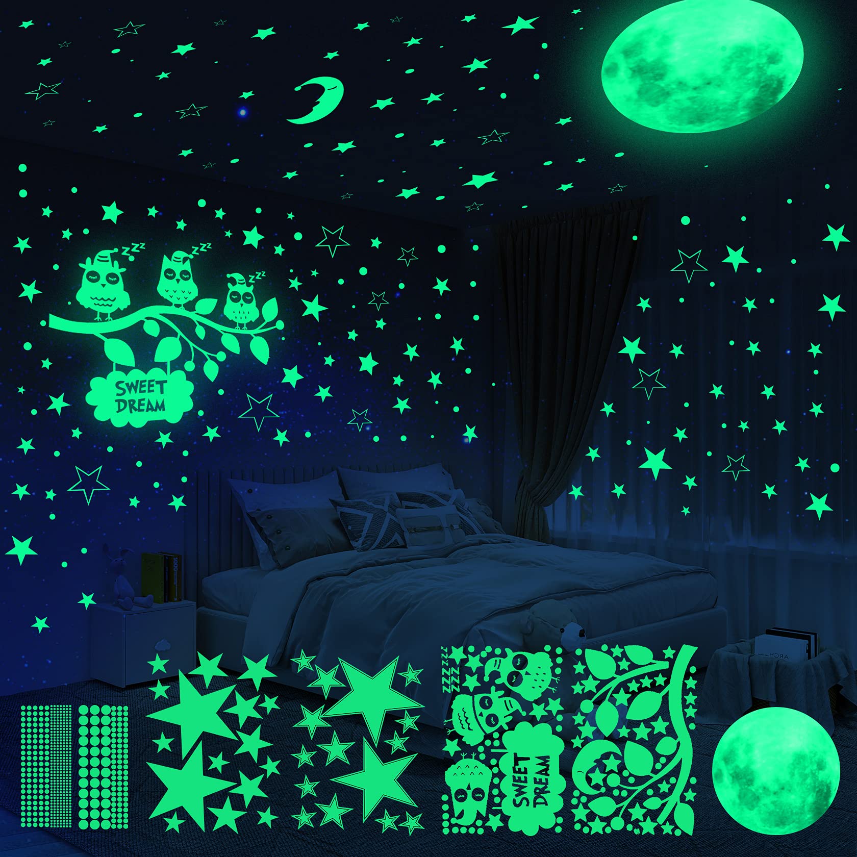 Yosemy 6PCS Wandsticker Leuchtaufkleber Sticker Leuchtsticker Wandtattoo Mond Sterne Eule Fluoreszierend Wandaufkleber, Leuchtstoff Aufkleber Für Kinderzimmer Dekorative Aufkleber 651 Stück