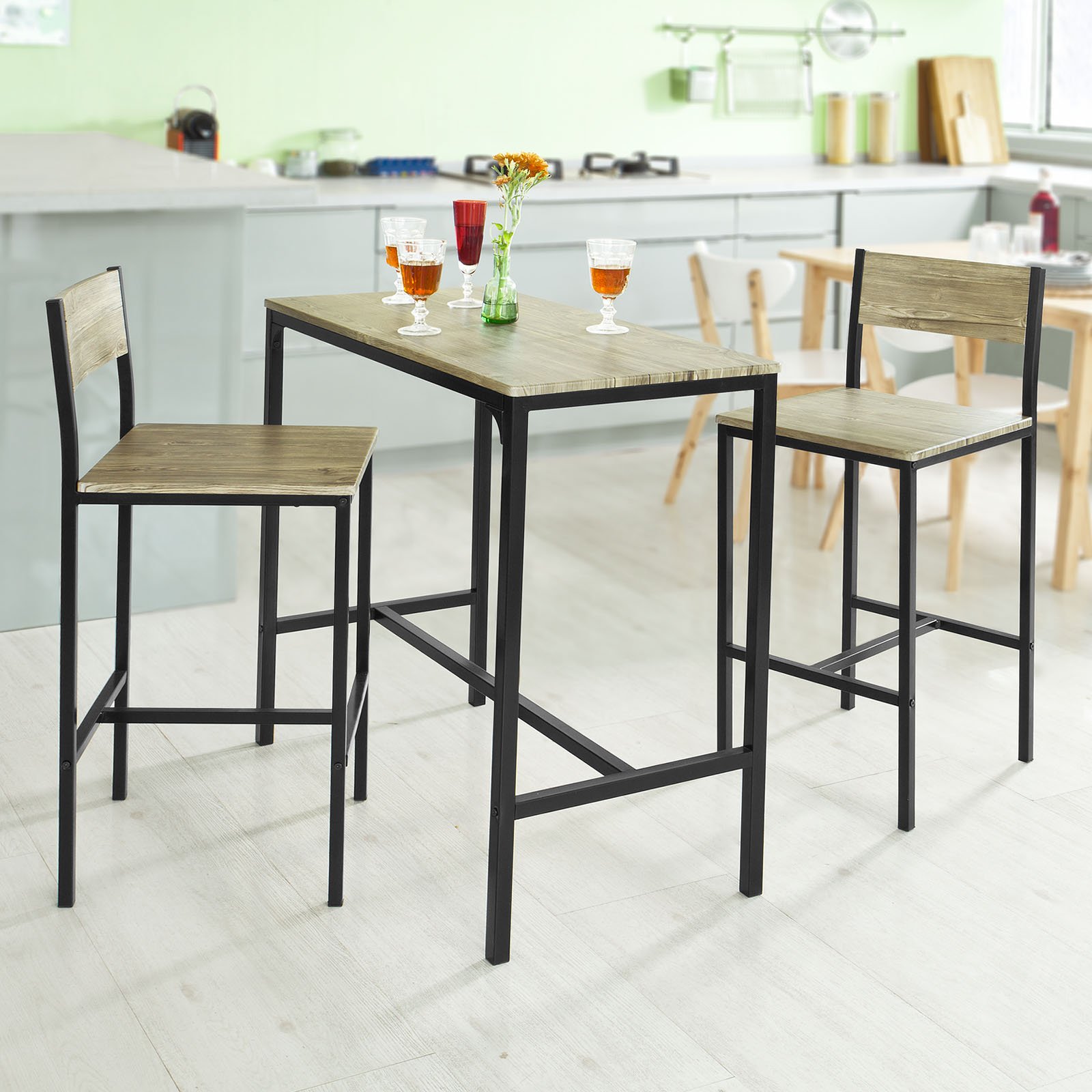 SoBuy Ensemble Table Haute de Cuisine 87 cm avec 2 tabourets de Bar – Meuble Bar Compact Mange Debout pour Petit Espace, Balcon, Salon ou Cuisine – Style Industriel Bois et métal OGT03-N