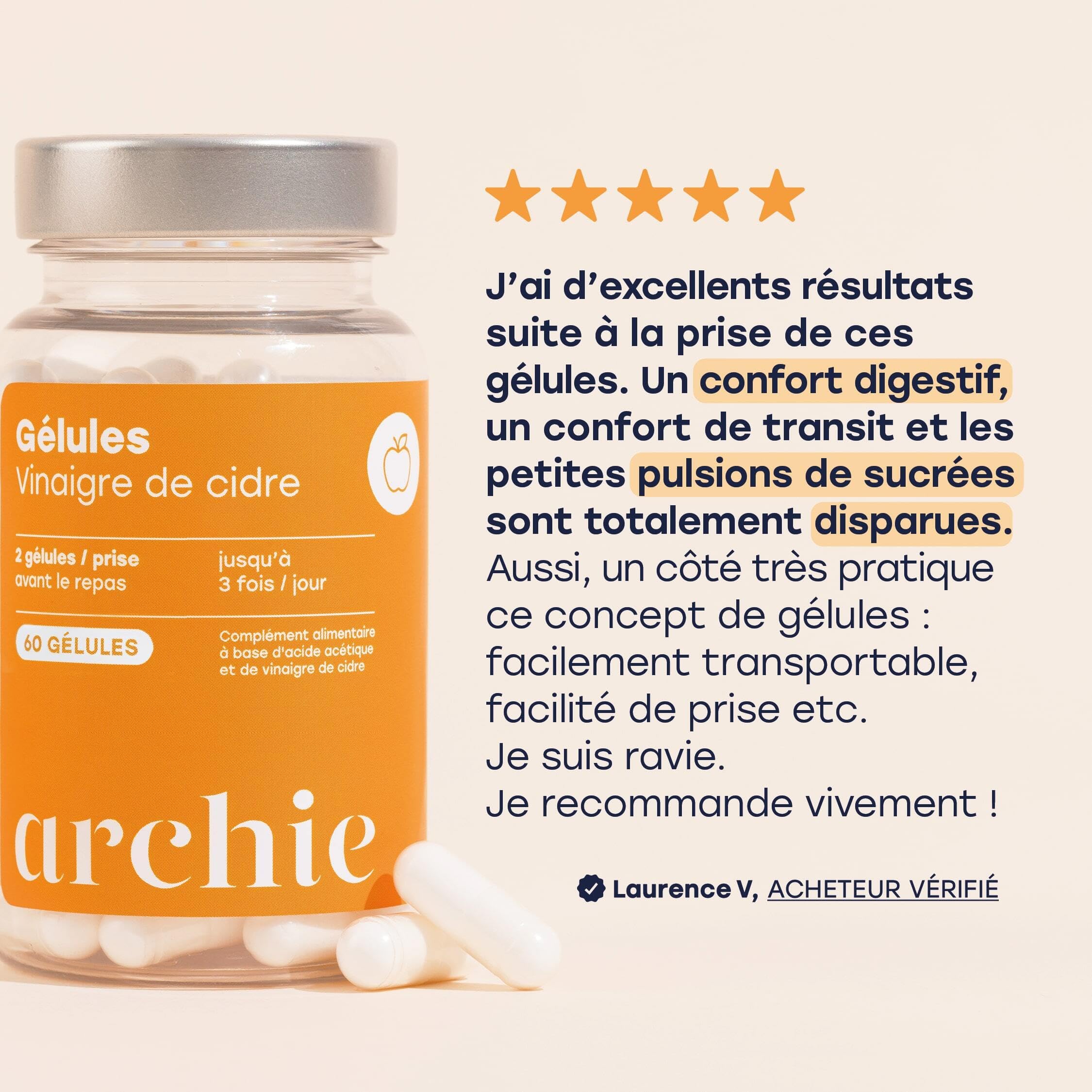 Archie, Gélules Vinaigre de Cidre Biologique, avec Acide Acétique - Naturel, vegan, sans gluten, sans sucre. Cure de 1 mois. 60 capsules. Made in France.