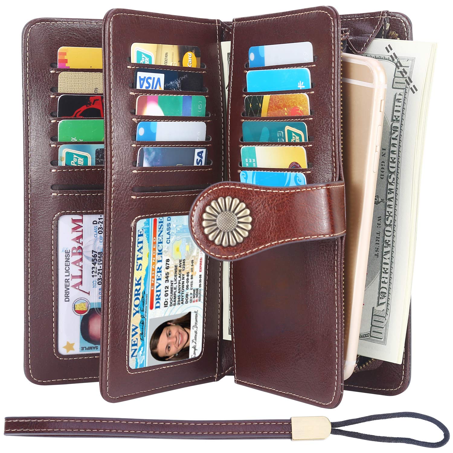 LavemiWomens Large Capacity Genuine Leather RFID Blocking Wallets Wristlet Clutch Card Holder