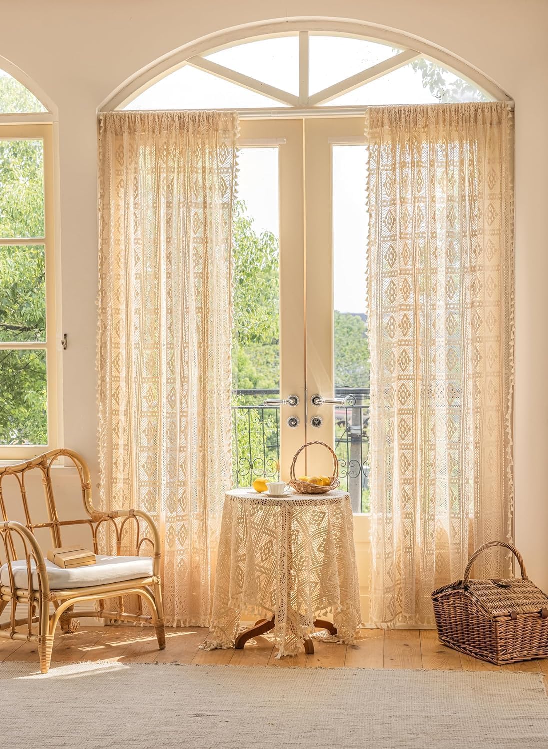 RunFar shop Lot de 2 rideaux bohèmes, vintage, style maison de campagne, en coton, beige, avec pompon, pour salon, chambre à coucher, 150 x 280 cm