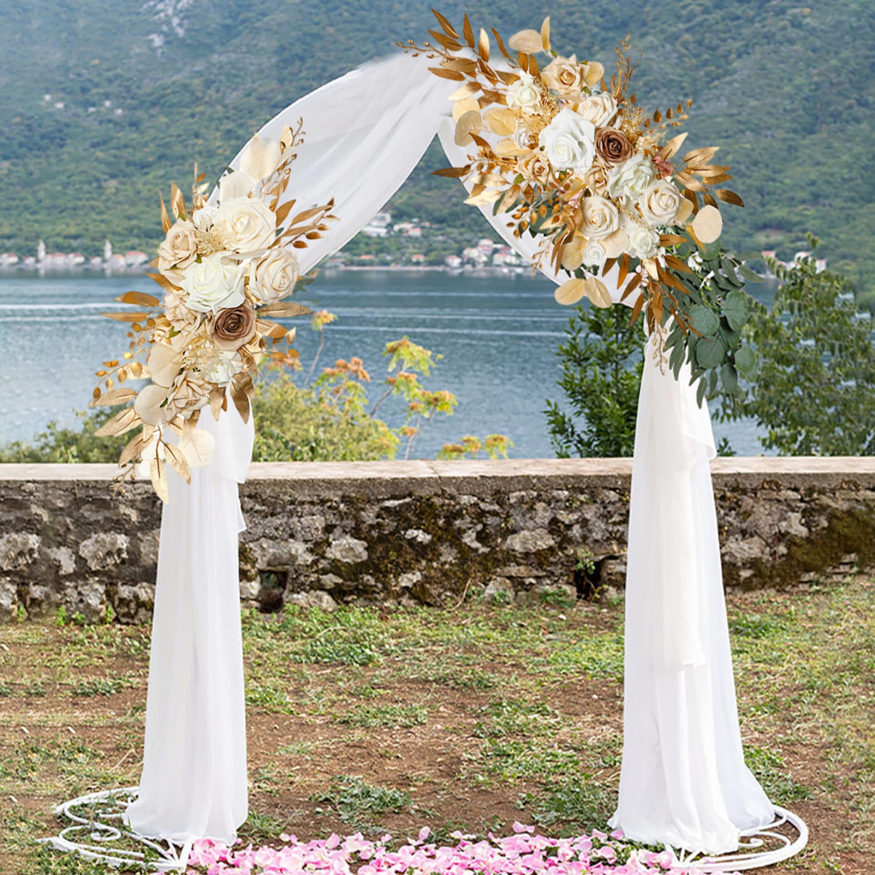 Hochzeitsbogen Blumen 2pcs lebensechter Champagner -Farbbogenblumen mit Clips & Krawatten mit geringer Wartung Seide und Plastik Hochzeitsdekor für Begrüßungsschild, Hintergrund