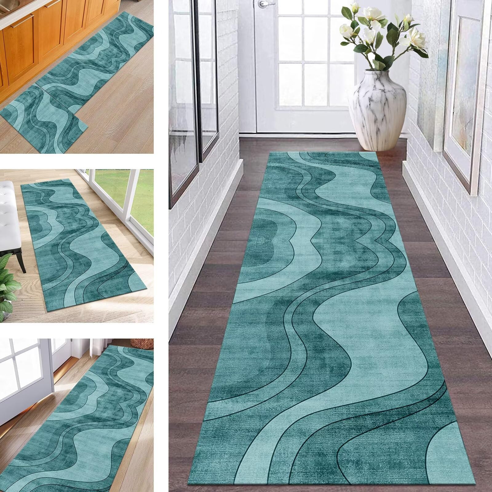 Tapis de couloir turquoise abstrait 110x500 cm lavable et antidérapant