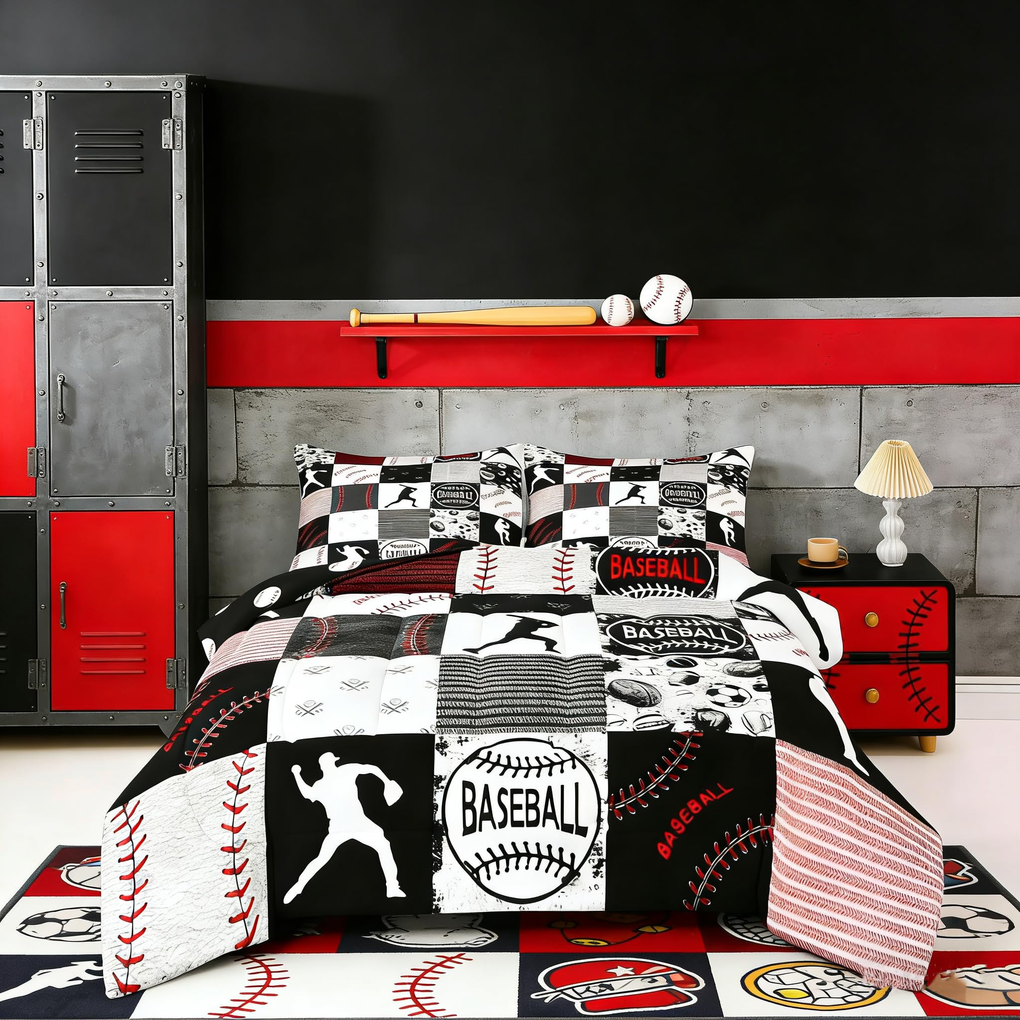Erosebridal Kids Baseball Comforter Set King,Softball Bedding Set,Sports Game Quilted Comforter for Boys Teens Youth,Ball Game Patchwork Down