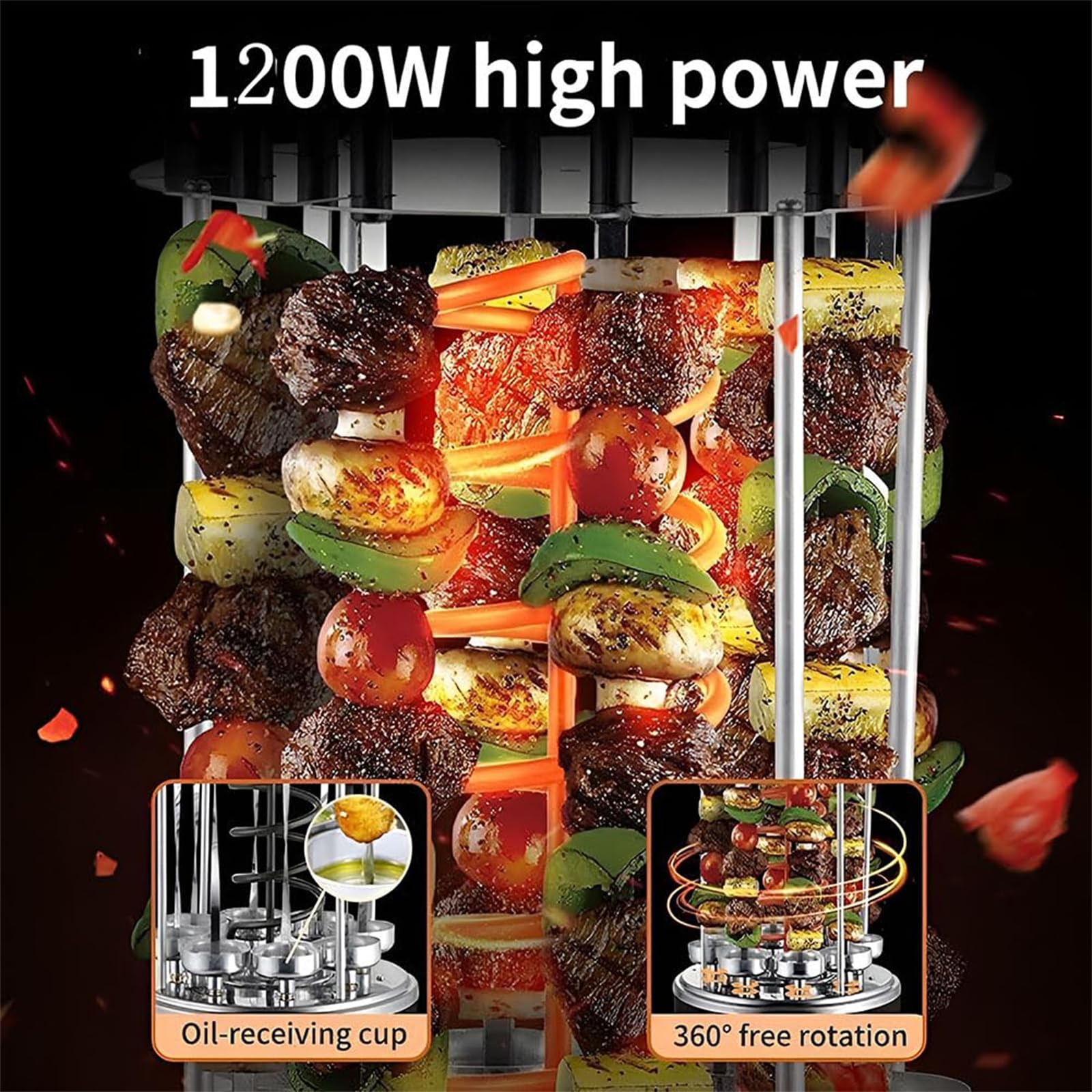 Elektryczny grill rożenowy, pionowy grill do kebaba o mocy 1200 W z automatycznym obrotem i 8 widelcami, bezdymny obrotowy piec do grillowania