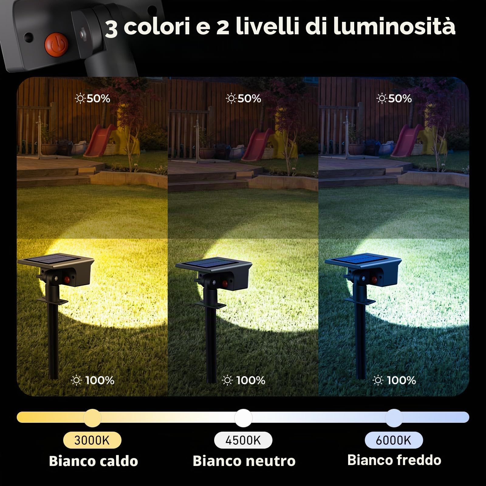 btfarm 6 Pezzi Faretti Solari a LED da Esterno, 3000K/4500K/6000K Luci Solari da Giardino IP65 Impermeabile, 2 Livelli di Luminosità Lampade Luce Solare Potenti per Cortile Vialetto Garage Prato