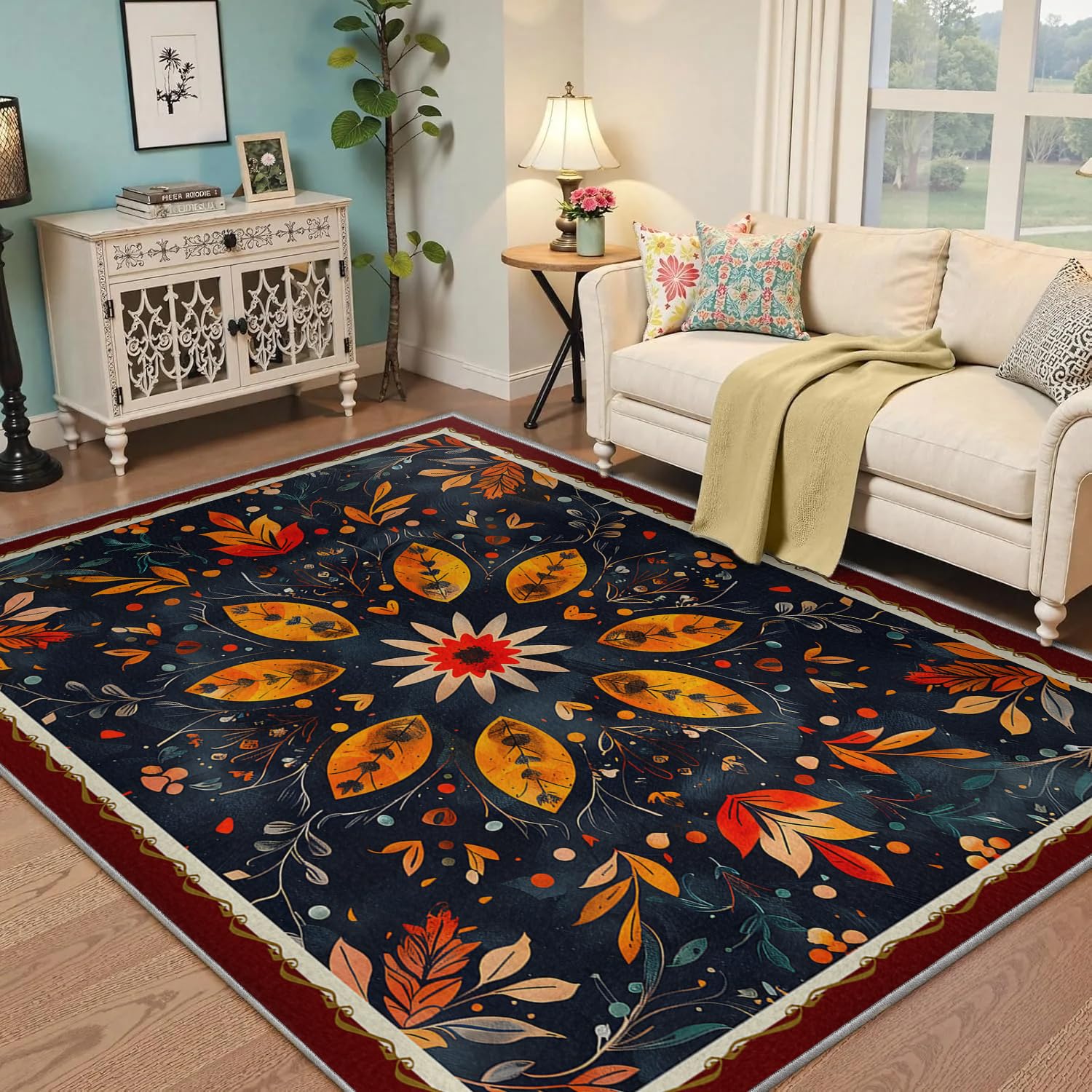 Dywan kosmiczny 60 x 100 cm dywaniki antypoślizgowe nadające się do prania geometryczny etniczny boho do salonu sypialnia jadalnia żółty i pomarańczowy wzór kwiatowy dywan do drzwi