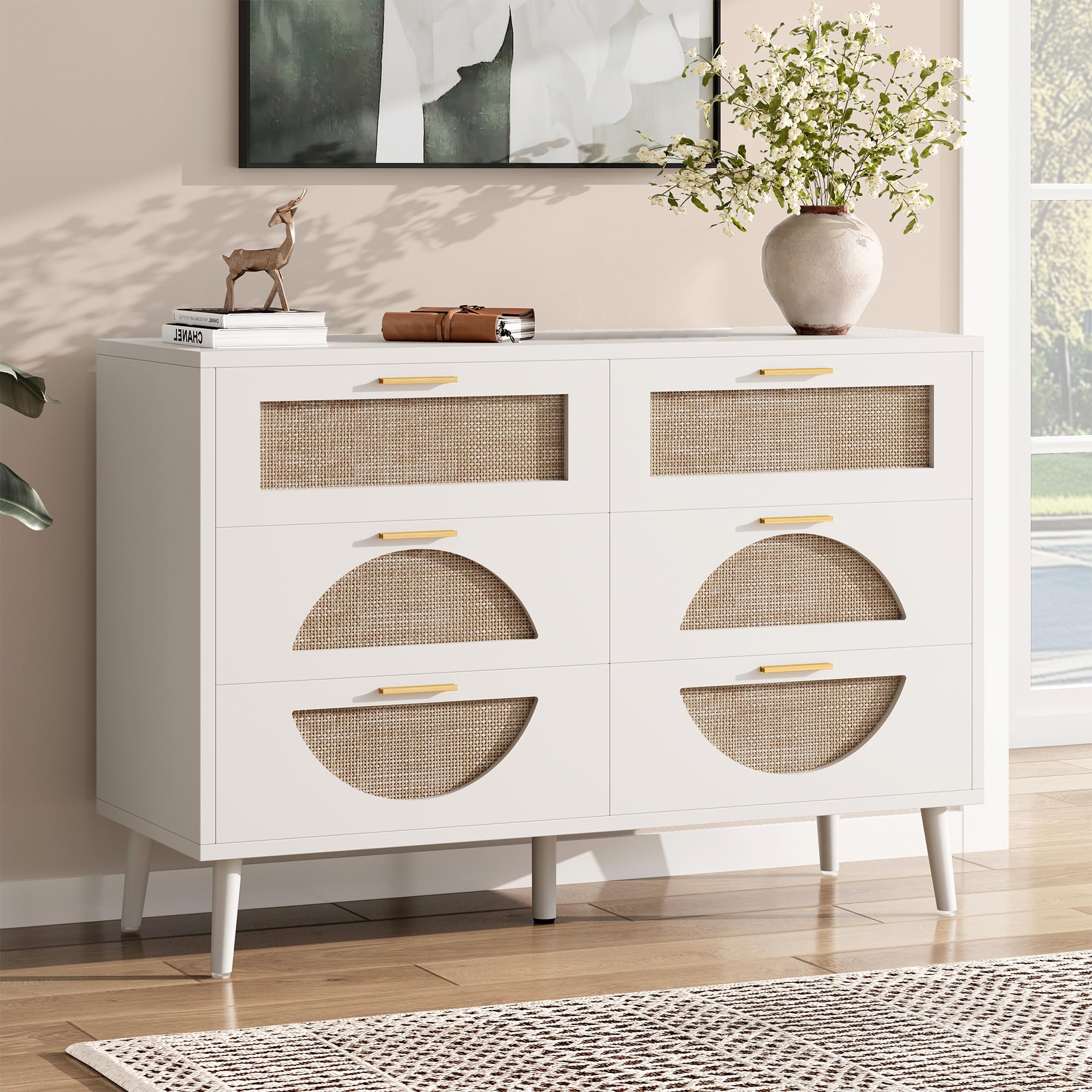 6 Drawer Dresser for Bedroom Modern Boho Rattan Dresser Wood Chest of Drawers with Gold Handles&Wood Legs,Clothes Storage Cabinet,Beside Table for Bedroom,Hallway and Living Room (White and Natural)