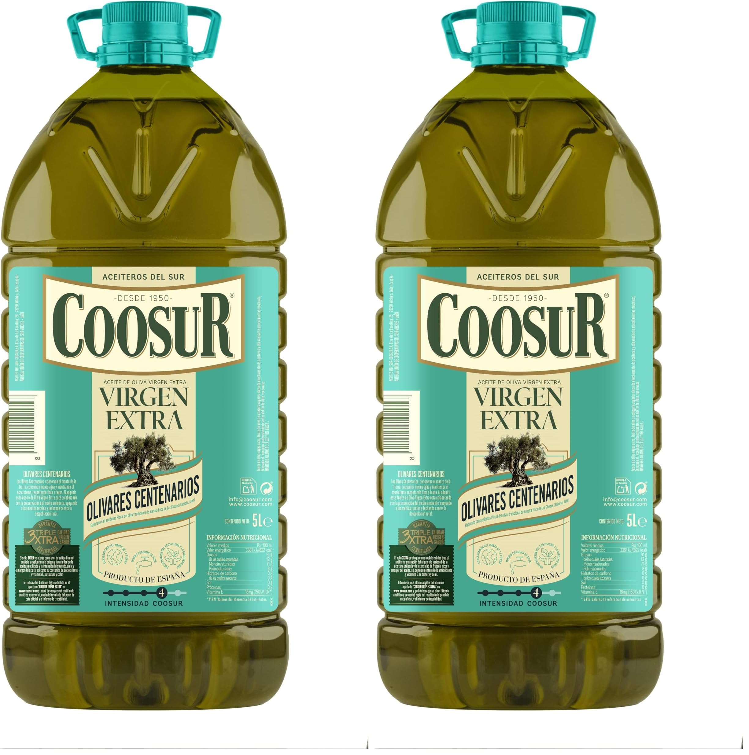 COOSUR Aceite De Oliva Virgen Extra Olivares Centenarios Garrafa 5L. 100% AOVE de aceitunas Variedad picual de Olivos Centenarios de Nuestra Finca Las Chozas en Sabiote, Jaén. Aromático e intenso.