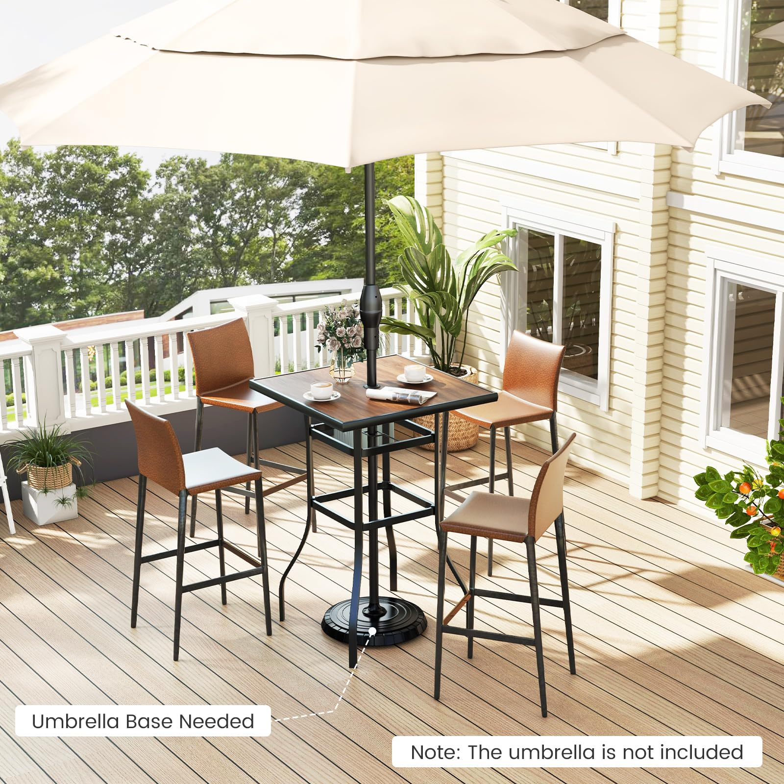 KOMFOTTEU Gartentisch mit Schirmloch, Bistrotisch quadratisch 70 x 70 x 102 cm, Bartisch aus Metall, Stehtisch Balkontisch für Bistro, Garten, Hof