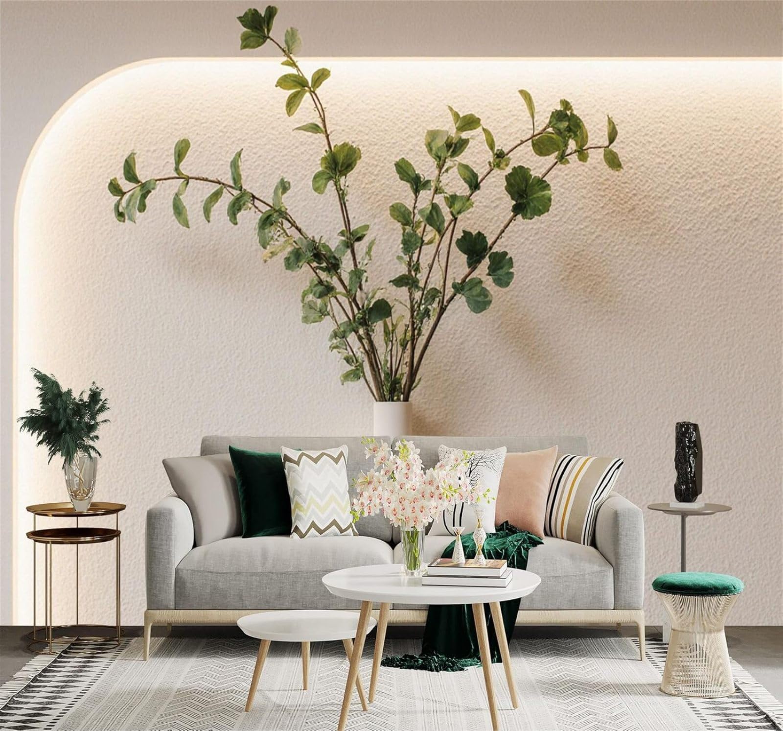 XLMING Minimalist Style Vase Green Branches Soft Beige 3D Wallpaper Silky Texture Home Study Office Grey Dining Room Sofa Bedroom Living Room TV Backdrop-350cm×256cm