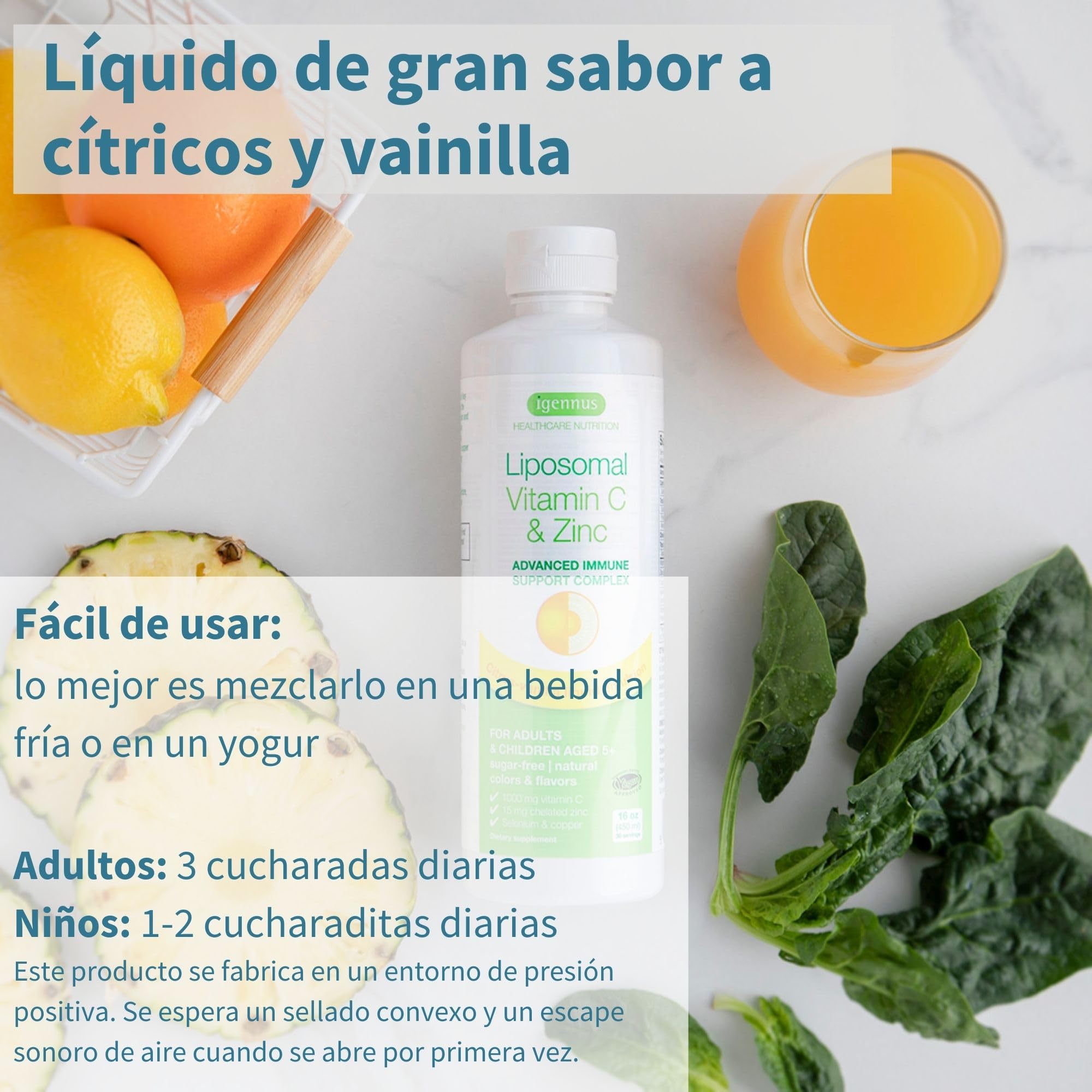 Complejo de Vitamina C Liposomal 1000mg con Zinc, Cobre y Selenio, Formato Líquido, Refuerzo Inmunológico para Adultos y Niños, Sabor a Cítricos y Vainilla, 30 Dosis de Igennus