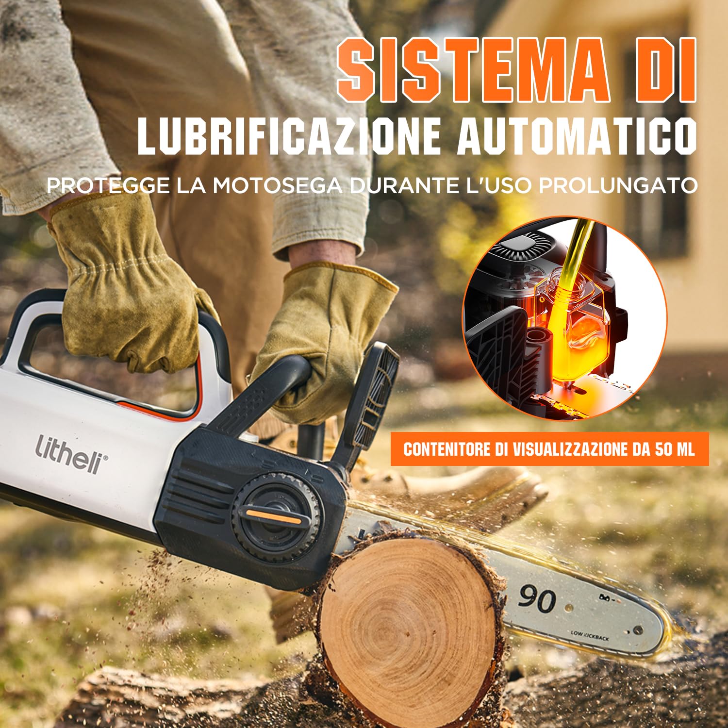 Litheli Motosega a Batteria per Potatura, Motosega Elettrica a Batteria Brushless da 30cm, Lubrificazione Automatica, Sicurezza Design per il Taglio Del Legno e Giardini