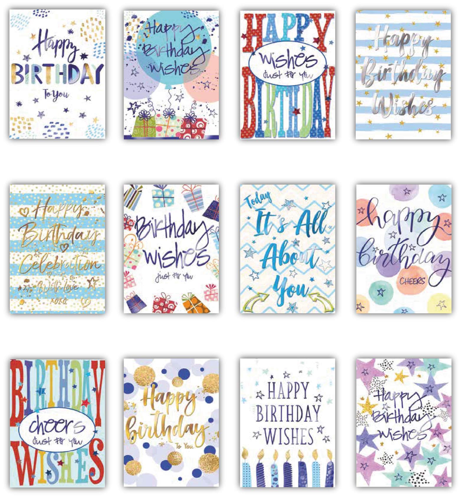 Greetingles 12 Assorted Design Birthday Cards & Envelopes Mixed Pack (Large Word Graphics)
