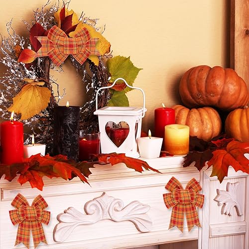 Miniatura 4 de Whaline Paquete de 2 lazos de corona de otoño, lazo de arpillera a cuadros de búfalo de Acción de Gracias, decoración de árbol de otoño, adornos de