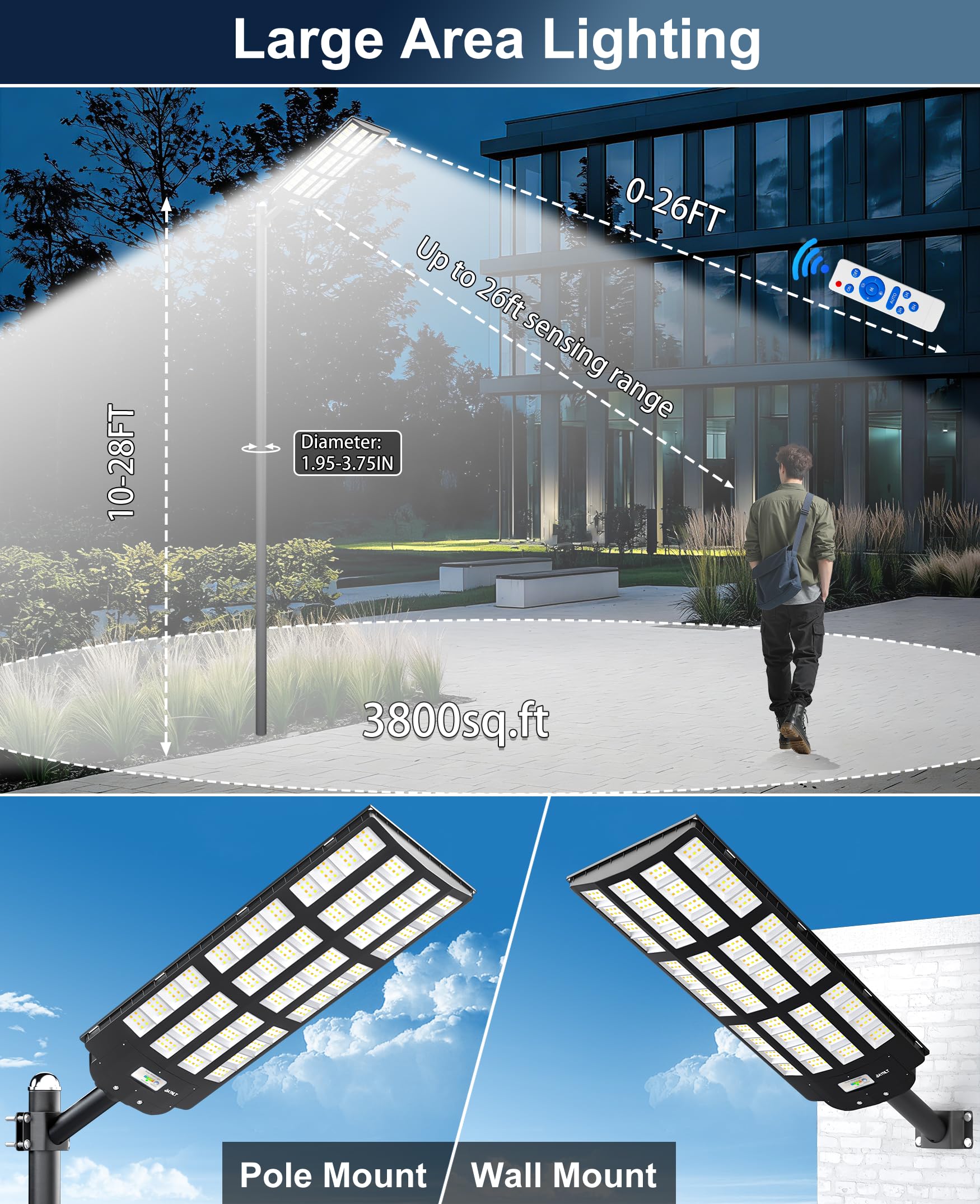 JAYNLT Y-12000W Solar Straßenlaterne für Außen, 3000K/4000K/6500K LED Solar Strahler Außen Kommerzielle die Dämmerung, IP67 Wasserdichte Solarlampen mit Bewegungsmelder für Garage Gärten