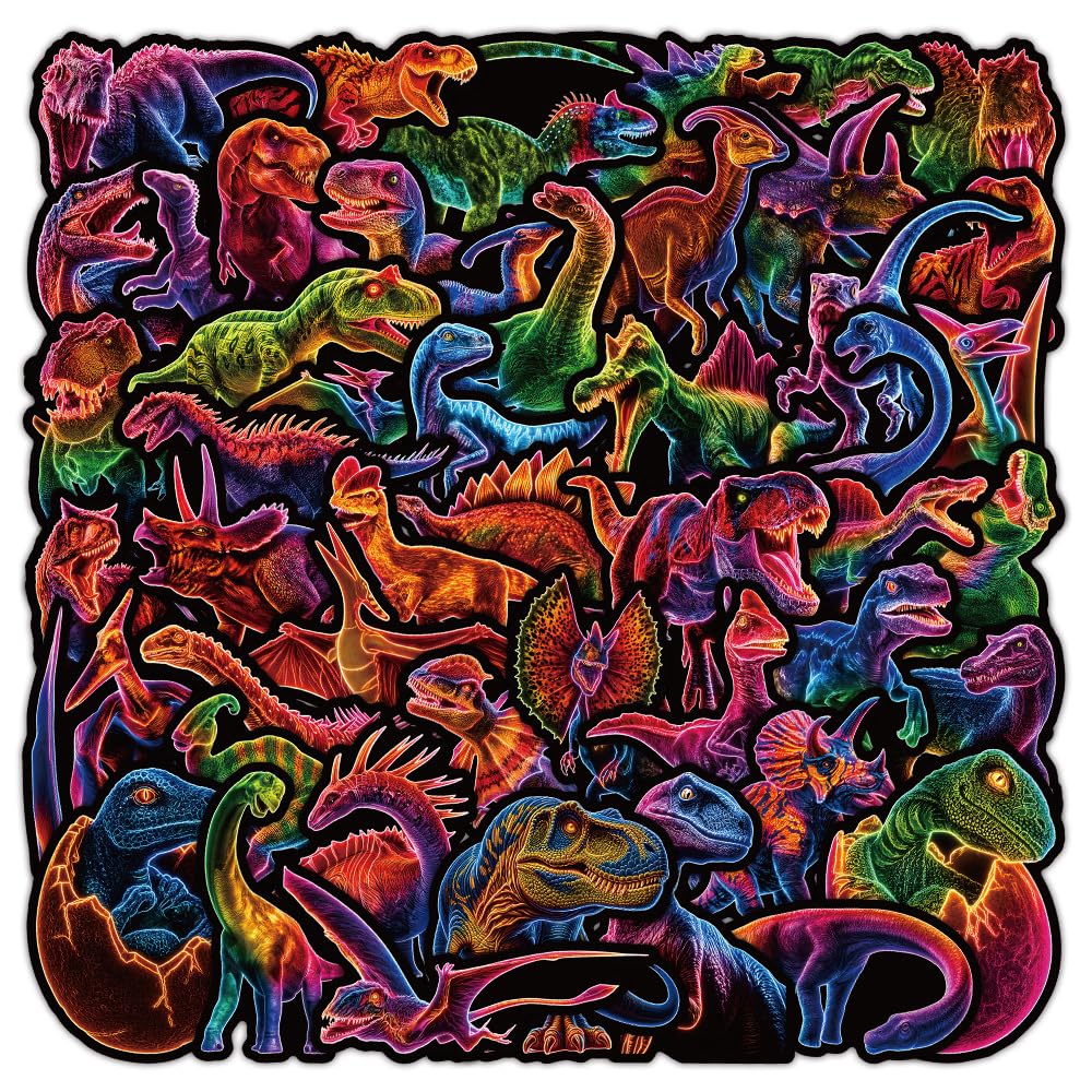 Pack of 50 Neon Dinosaur Vinyl Stickers Waterproof Self-Adhesive