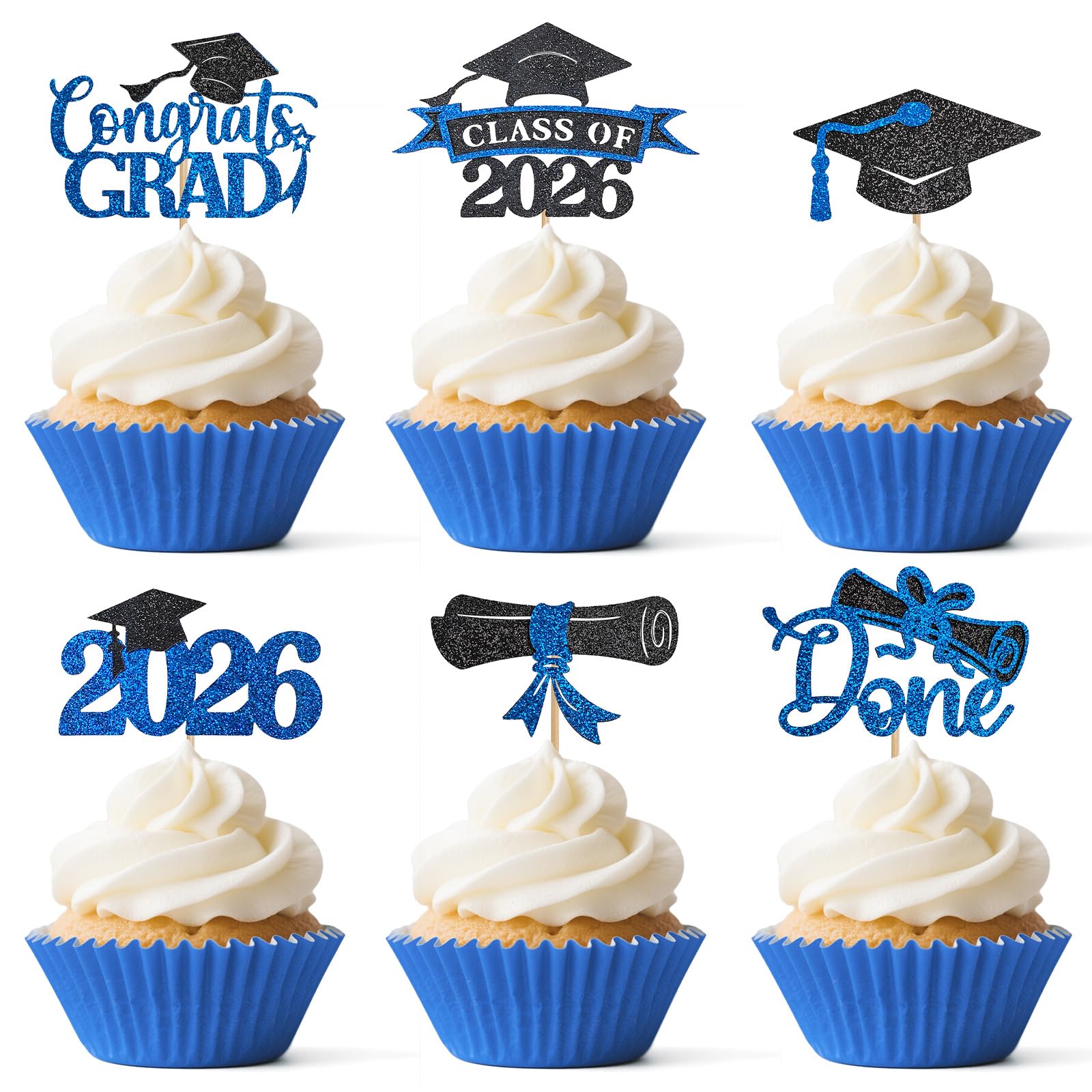WILDREEDS 48Pcs 2026 Graduation Cupcake Toppers Class of 2026 Cupcake Picks Grad Cap Diploma Cake Decorations for 2026 Graduation Theme Party Cake
