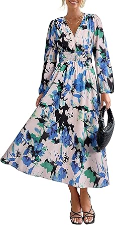 PRETTYGARDEN Women's Floral Midi Dress Casual Fall V Neck Long Sleeve Flowy Spring Beach Wedding Guest Vacation Dresses