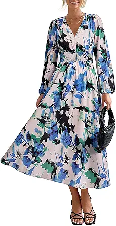 PRETTYGARDEN Women's Floral Midi Dress Casual Fall V Neck Long Sleeve Flowy Spring Beach Wedding Guest Vacation Dresses