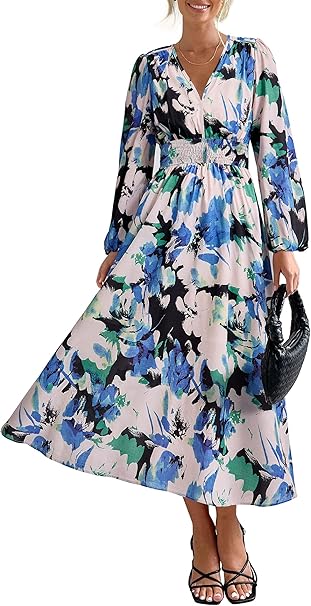 PRETTYGARDEN Women's Floral Midi Dress Casual Fall V Neck Long Sleeve Flowy Spring Beach Wedding Guest Vacation Dresses
