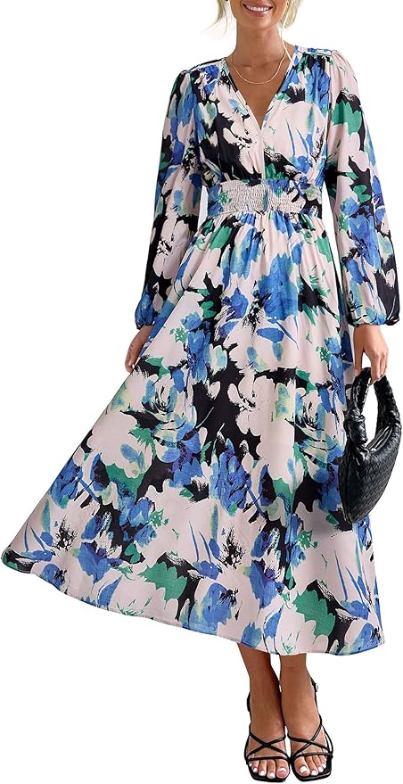 PRETTYGARDEN Women's Floral Midi Dress Casual Fall V Neck Long Sleeve Flowy Spring Beach Wedding Guest Vacation Dresses