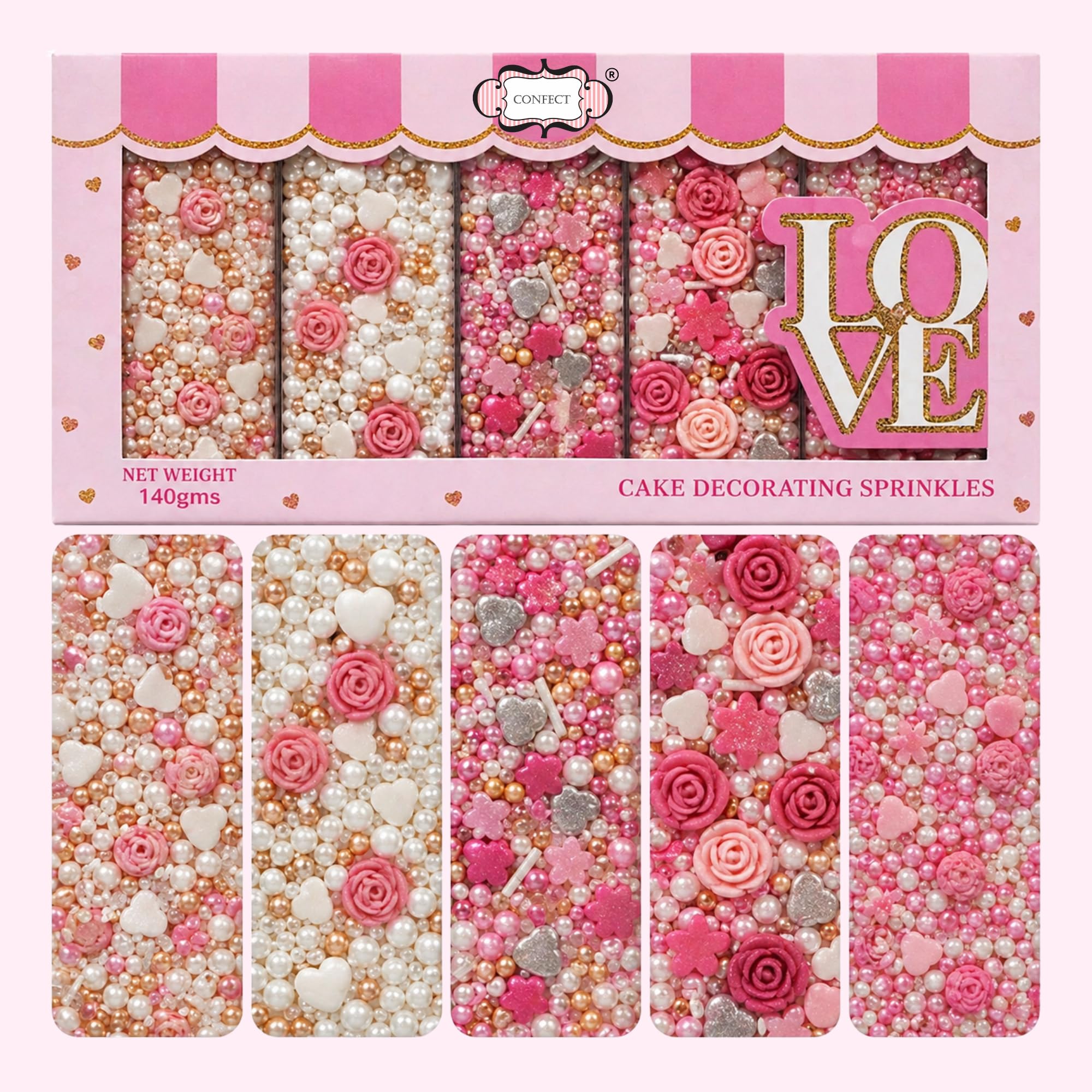 Confect Pink Mini Roses & Silver Hearts Sprinkle Set