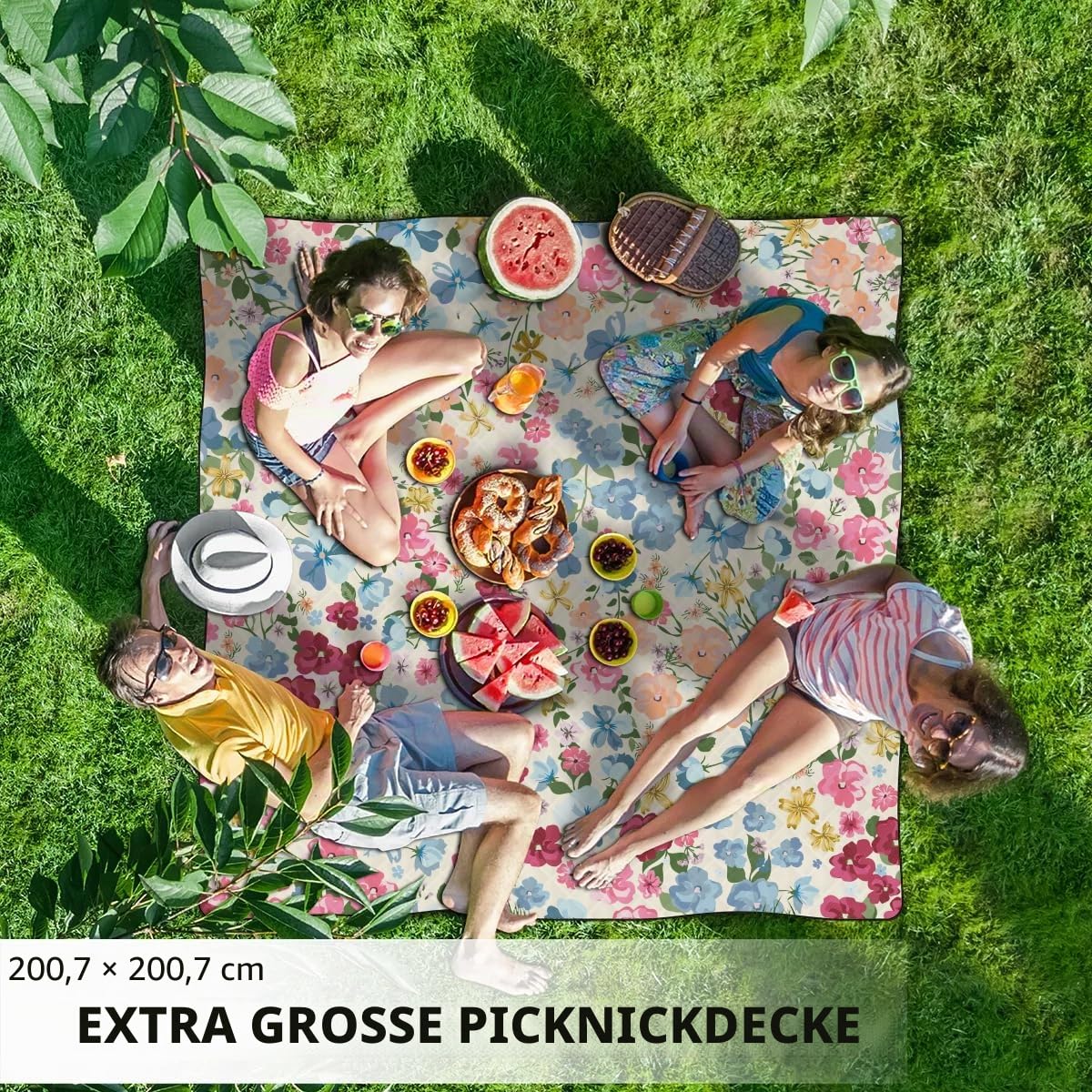 Picknickdecke mit Blumen, wasserdicht, sanddicht, faltbar, Stranddecke, 200,7 x 200,7 cm, extra groß, tragbar, waschbar, Outdoor-Matte für Camping, Park, Gras, Wandern, Reisen