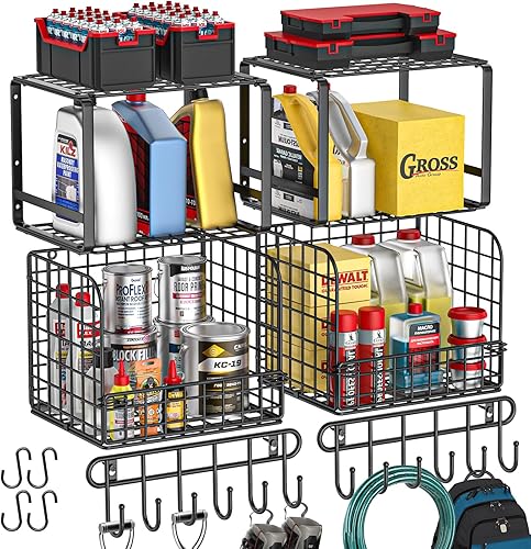 TomCare Paquete de 2 estantes de garaje resistentes con cestas de alambre, estantes de lavandería, estantes montados en la pared, organizador de