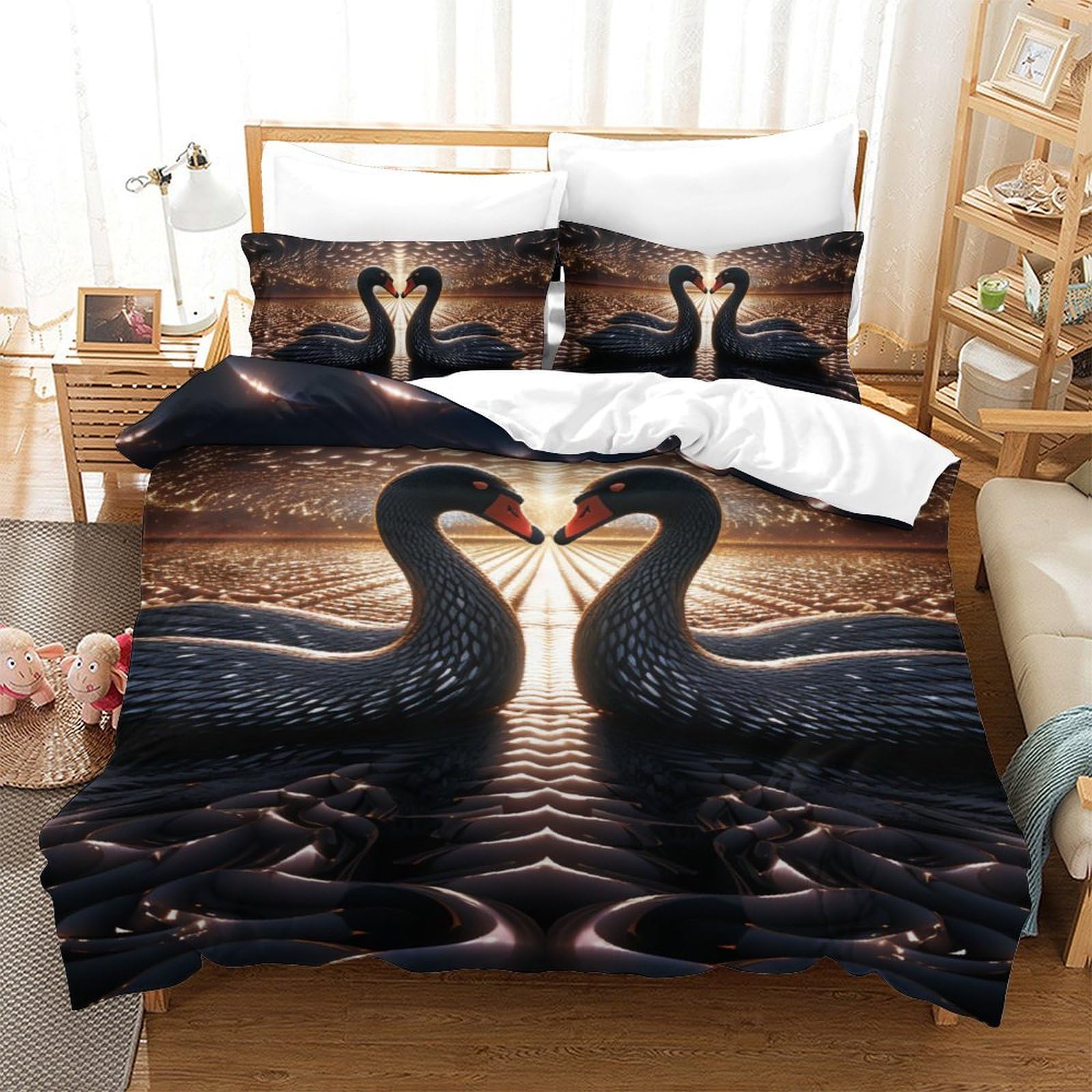Housse de couette cygne 3D microfibre anti-plis, parure de lit 140x200cm sans repassage facile