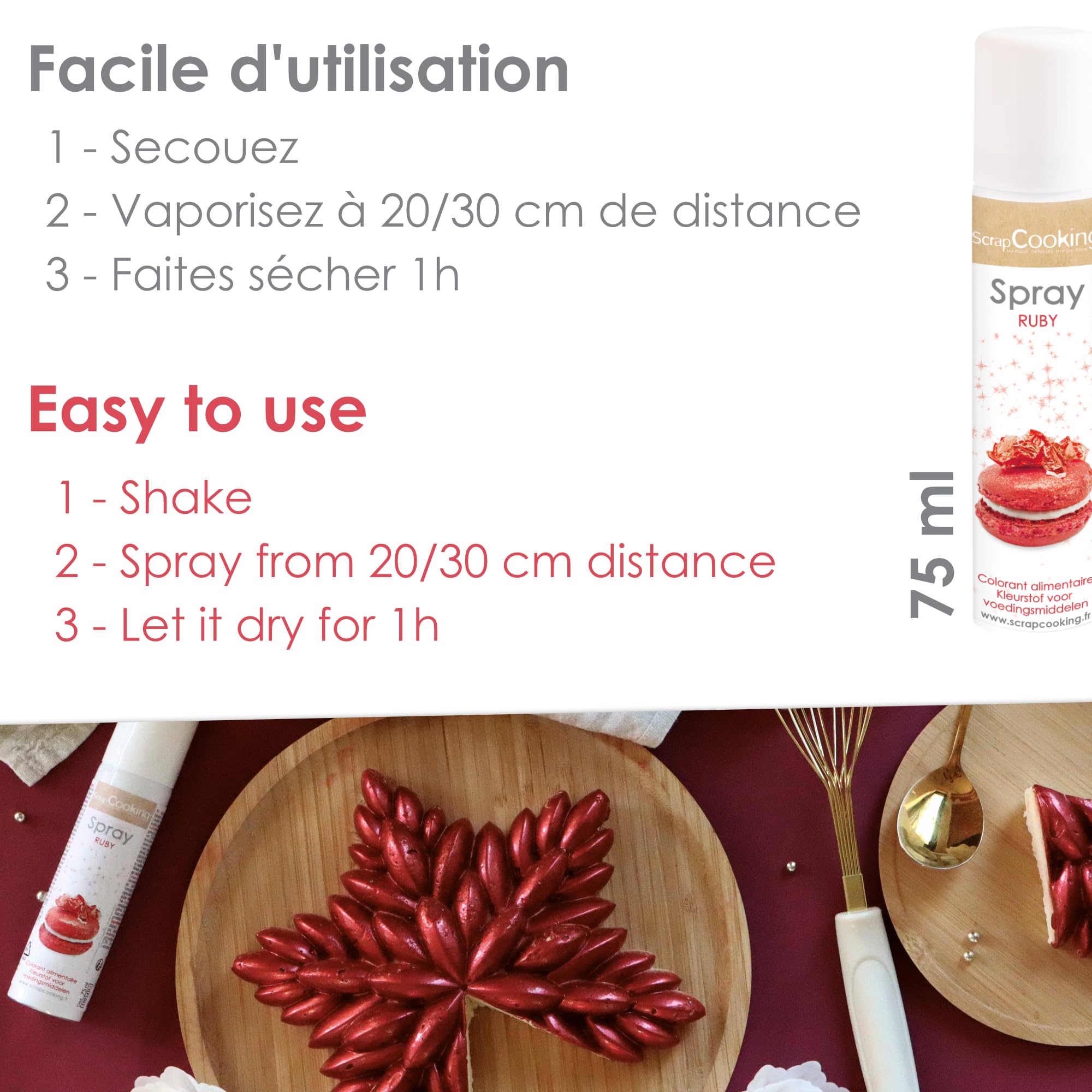 ScrapCooking - Spray Colorant de Surface Rubis 75 ml - Spray Alimentaire Rose Irisé pour faire Briller vos Pâtisseries, Biscuits, Macarons, Pâtes à Sucre, Gâteaux, Bûches - 4294