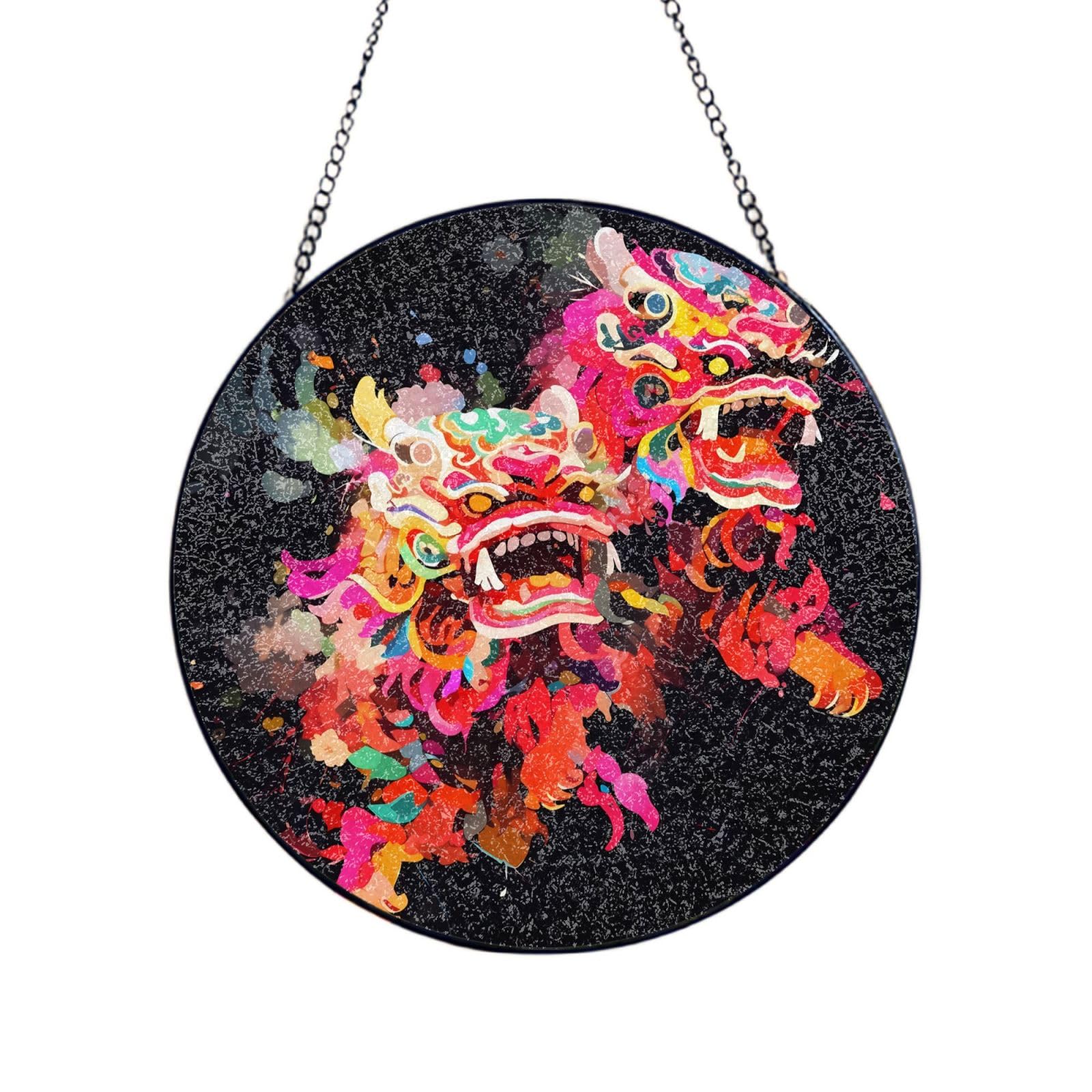 Phayah Double Lion Dance Print Stained Glass Window Hanging Sun Catchers Decoration Mother'S Day Birthday Gifts For Home Garden Porch 8in（20cm）