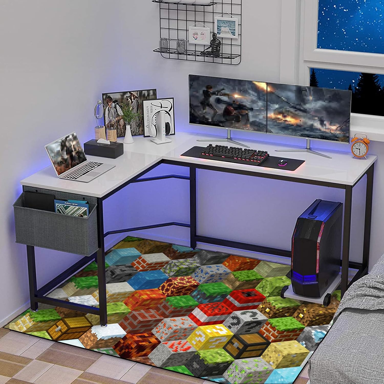 Block Game Rug Teen Boys Carpet with Pixel Games Element Decoration Mat, Cube Block Game Rugs for Boy’s Bedroom Living Room Playroom, Non-Slip Children Gaming Area Rugs (60" x 40")