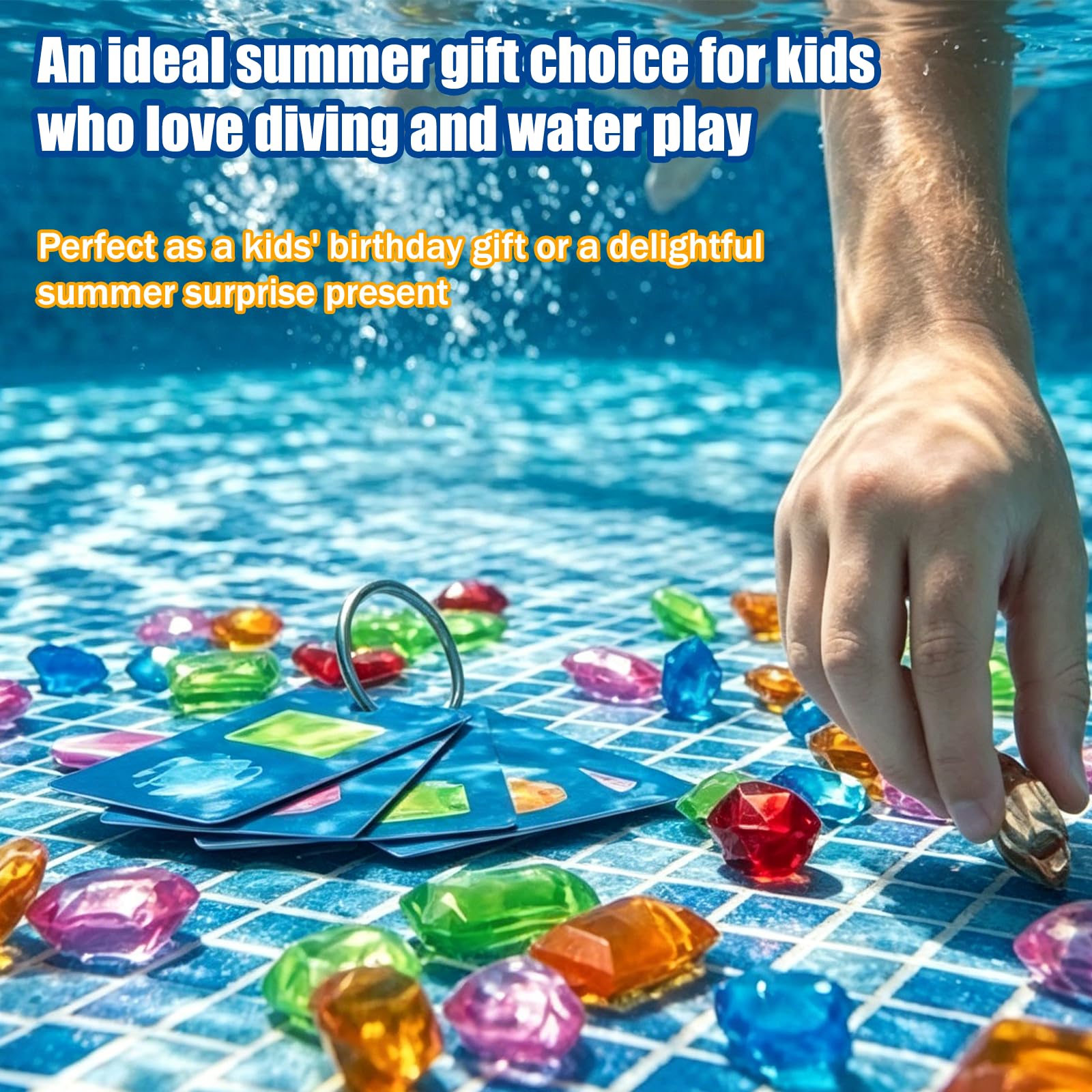 Sommer Wasserspielzeug, Pool Spielzeug für Kinder, Unterwasser Suchspiel mit 64 Edelsteinen & 35 Wasserdichten Karten, Tauchspielzeugfür Kinder, Poolspielzeug Set，3