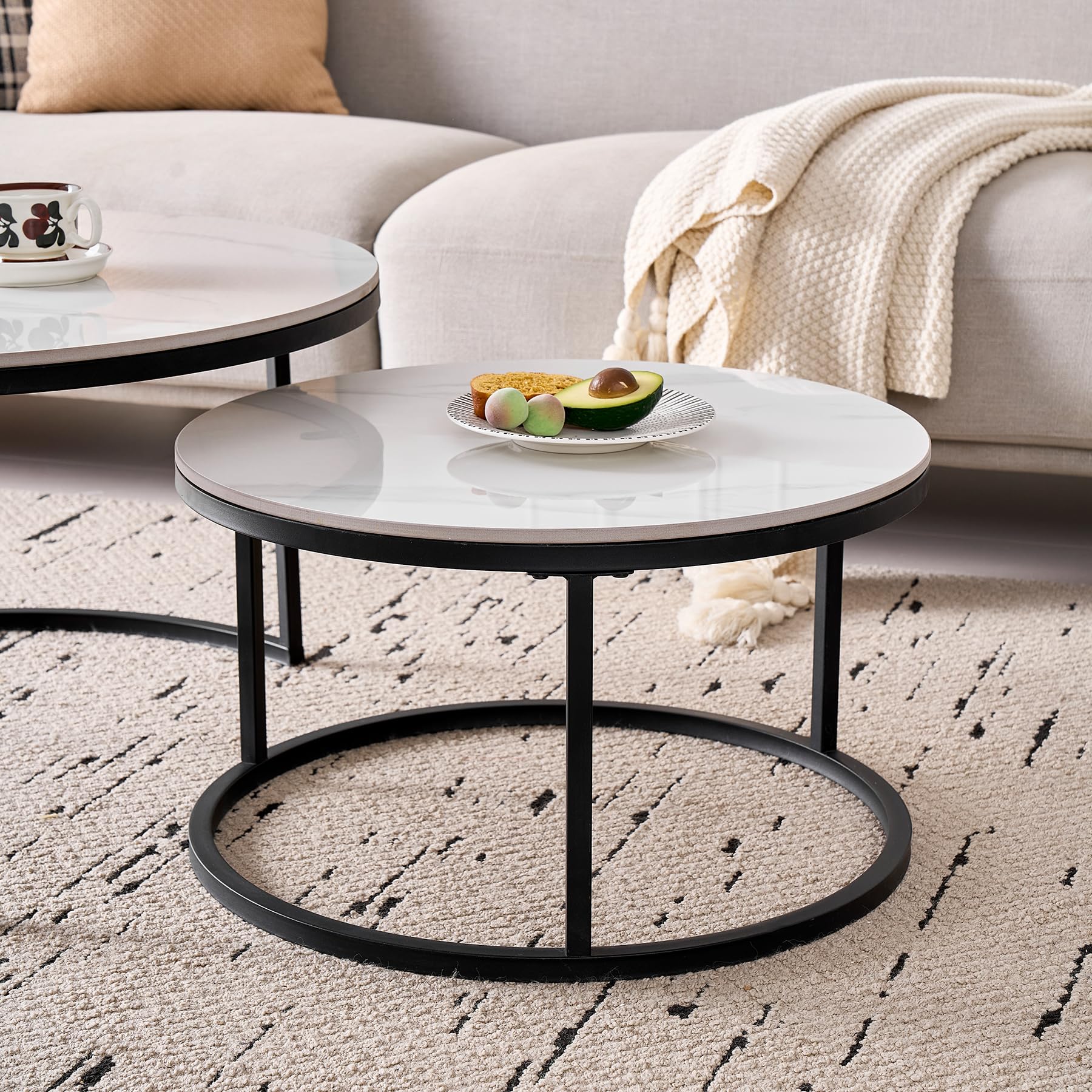 Lot de 2 Tables Basses Gigognes Ronde avec Plateau en Céramique Technique (Non en MDF),Tables D'Appoint Idéal pour Salon, Chambre, Balcon (Blanc+Noir), 50+70cm