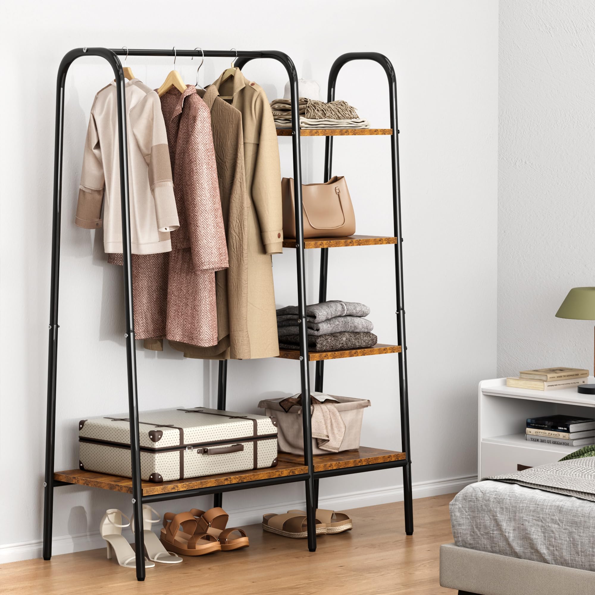 SogesHome Perchero de pie para ropa con compartimentos de almacenamiento para dormitorio entrada Percheros de pasillo Estante para ropa o perchero