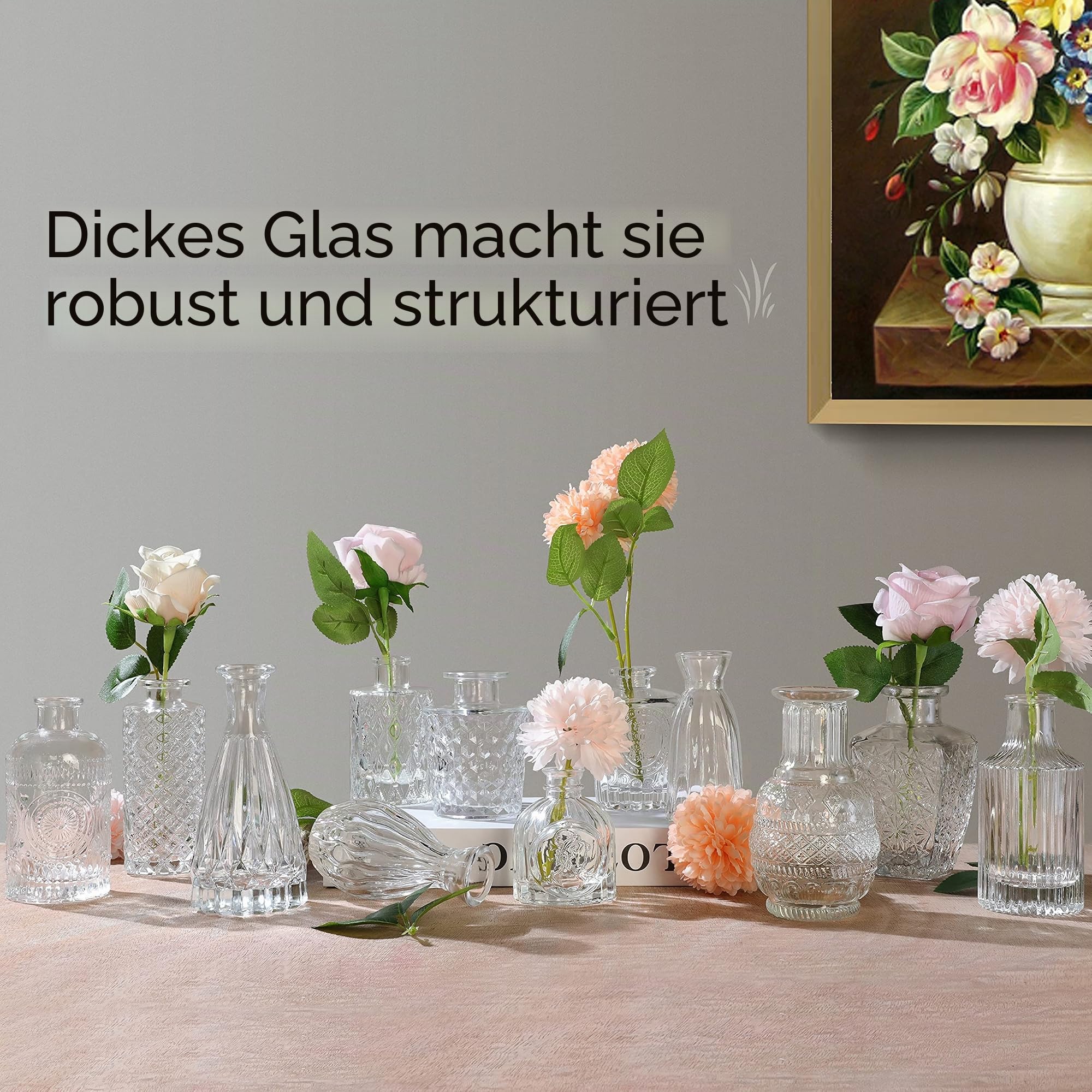 Kleine Glasvase Knospenvase Großpackung Set mit 24 Mini-Vintage-Blumenflaschen Zarte Glasblumenvase Verschiedene Größen für Blumenarrangements, dekorative Tischdekoration, Hochzeitsfeier zu Hause