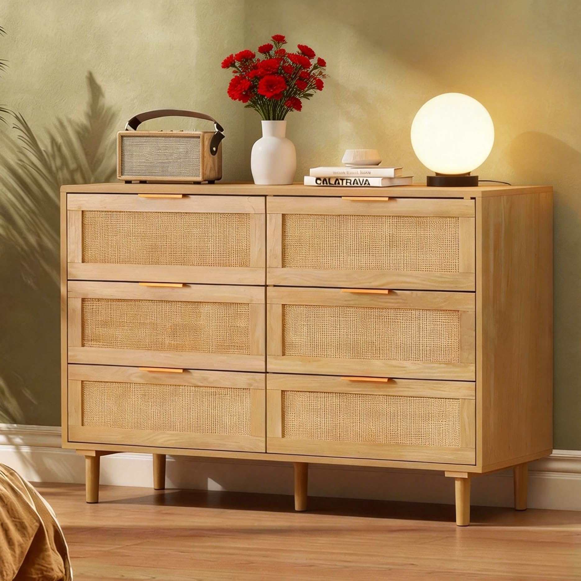 6 Drawer Dresser Rattan Dresser Modern Chest with Drawers,Wood Storage Closet Dressers Chest of Drawers for Bedroom,Living Room,Hallway (Natural)
