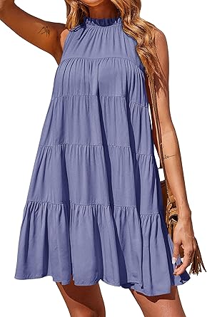 Okiwam Womens Summer Halter Dresses Sleeveless A Line Tiered Swing Mini 2025 Fall Casual Boho Beach Vacation Sundress
