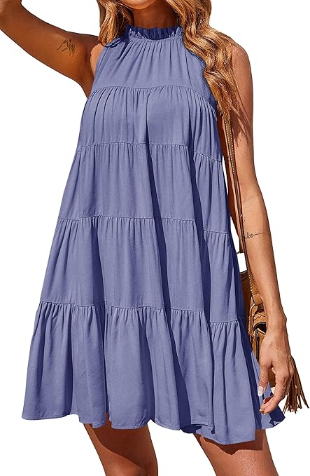 Okiwam Womens Summer Halter Dresses Sleeveless A Line Tiered Swing Mini 2025 Fall Casual Boho Beach Vacation Sundress