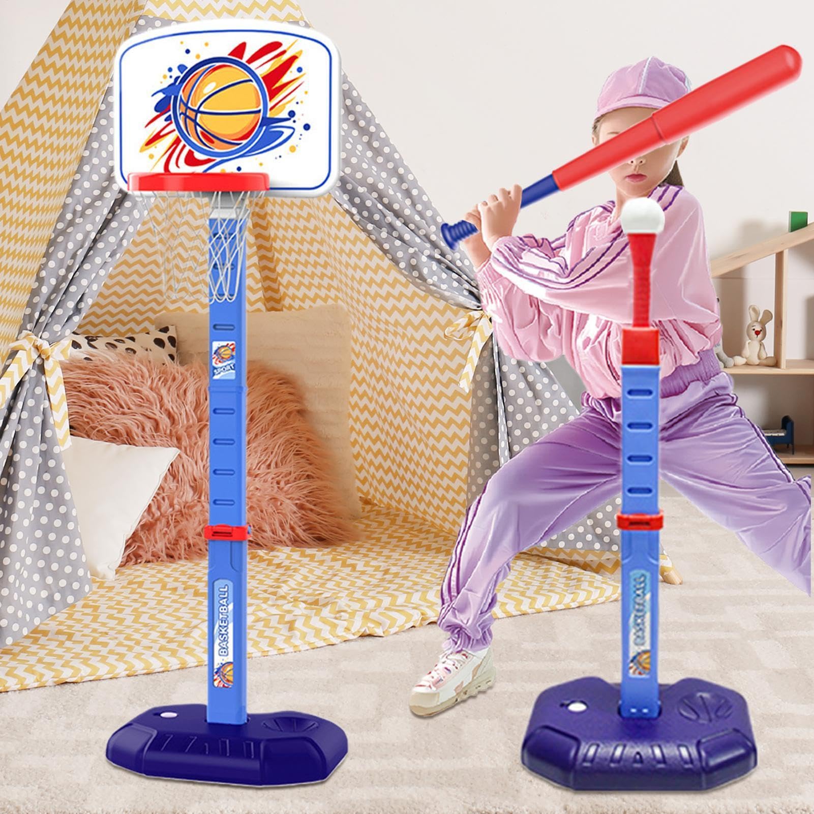 Ceso de baloncesto para niños de interior, juego de aros de baloncesto | 4 en 1 Kids Baseball Tee Stand Ajustable,Ball Baseball Juguete Deportivo Exterior Interior para 1-8 años, Niños, Jóvenes, Set d