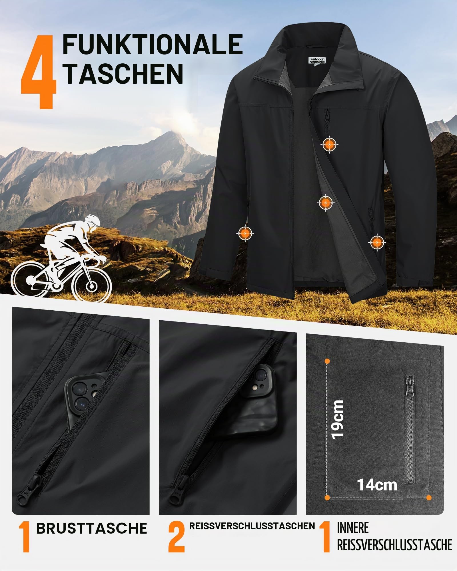 Outdoor Ventures Jacke Herren Wasserdichte Softshelljacke Leicht Golf Jacke | Winddichte Gefüttert Übergangsjacke mit 4 Taschen Atmungsaktive Freizeitjacke Windbreaker Sportjacke Wandern, Golf, Angeln