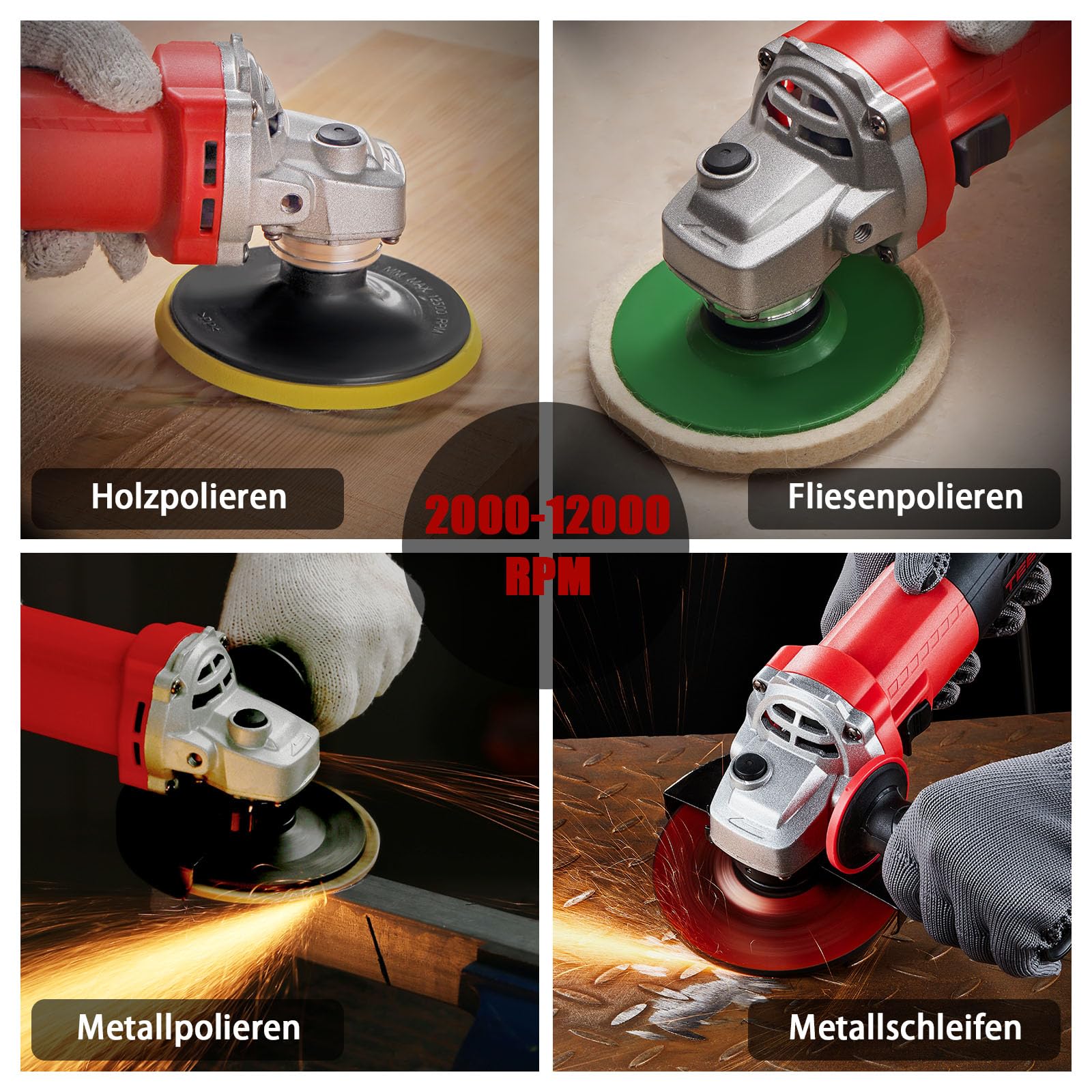 TEENO Winkelschleifer 1000W 2000-12000 U/min Mit 20 Zubehörteilen, Profi-Winkelschleifer Mit Werkzeugtasche,125mm Scheiben, Zum Trennen und Schleifen, Polieren, Metall, Holz, Keramik, Stein