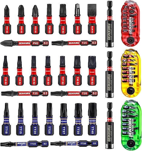 Juego de 30 puntas de destornillador de impacto, puntas magnéticas de acero S2 con caja de almacenamiento arcoíris (rojo, verde, amarillo)