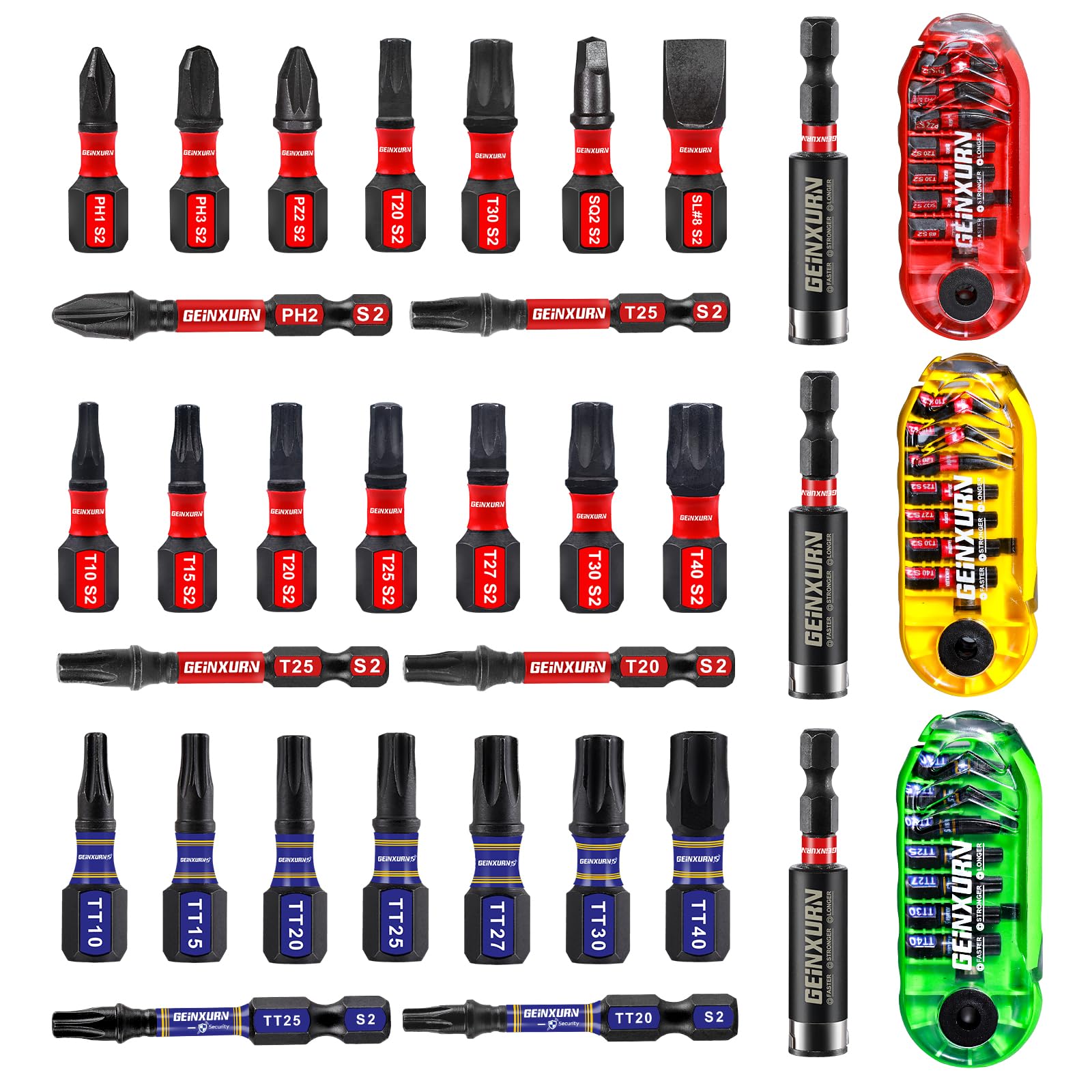 Geinxurn 30 Pcs Impact Screwdriver Bits Set, Magnetic S2 Steel Multi Driver Bits with Storage Rainbow Box (Red,Green,Yellow)