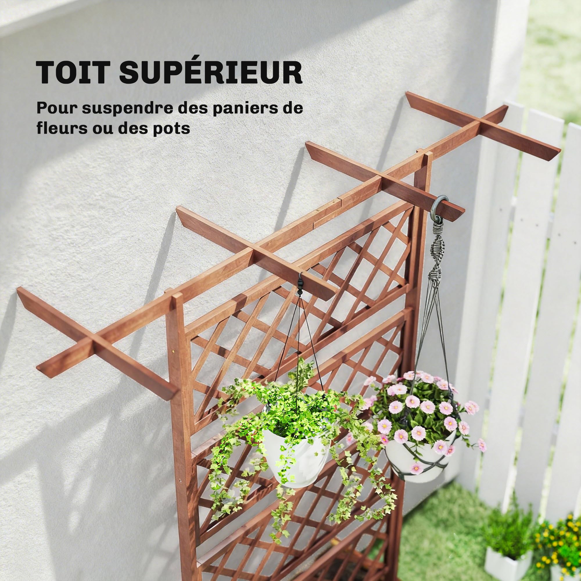 Outsunny Jardinière Surélevée avec Treillis et Barres de Toit, bac à Fleurs, lit surélevé Trous de Drainage, Tissu Non tissé, pour Plantes grimpantes, légumes, extérieur, Bois Massif, Marron